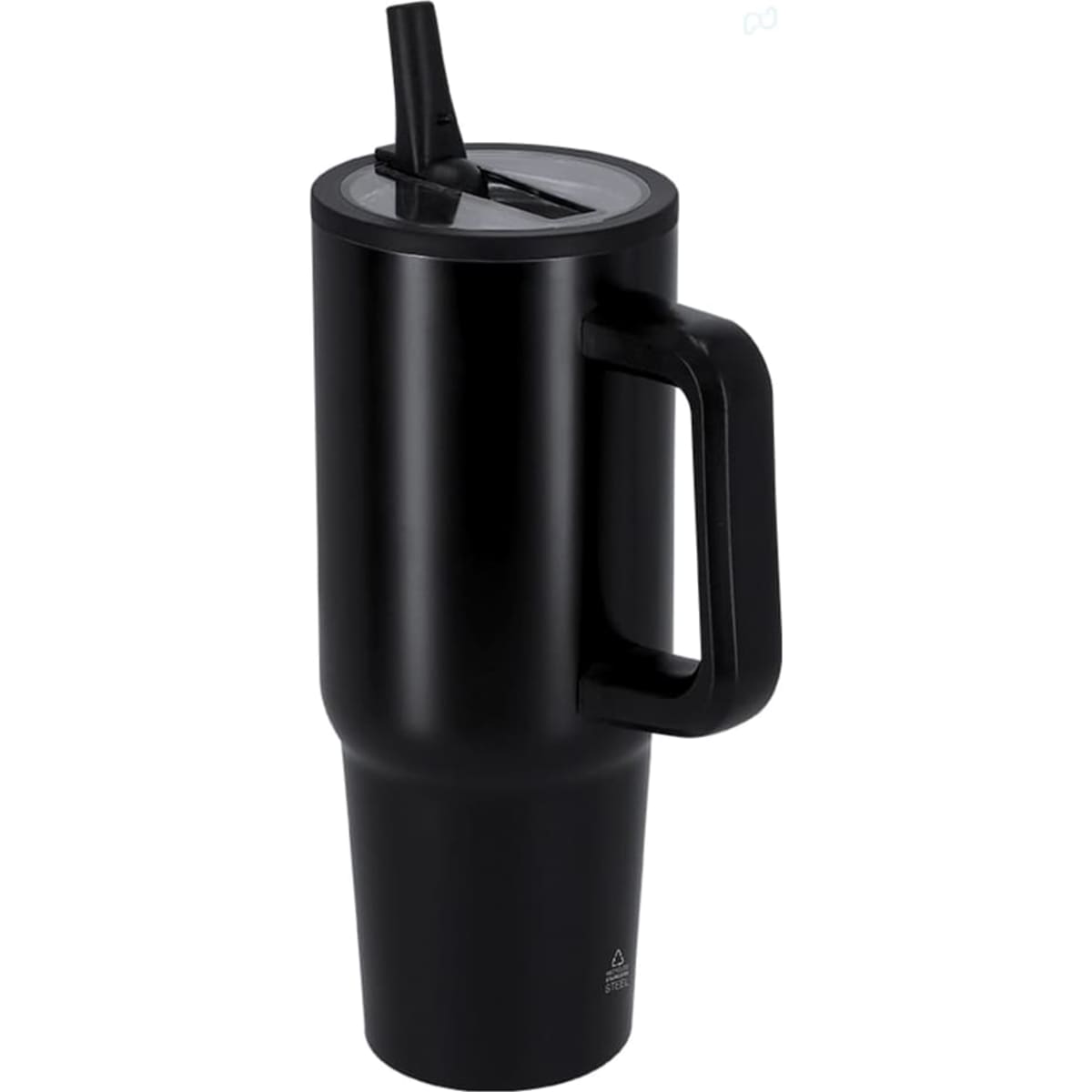 A drink bottle in matte black with a straw and handle, featuring a secure lid and a sleek design.