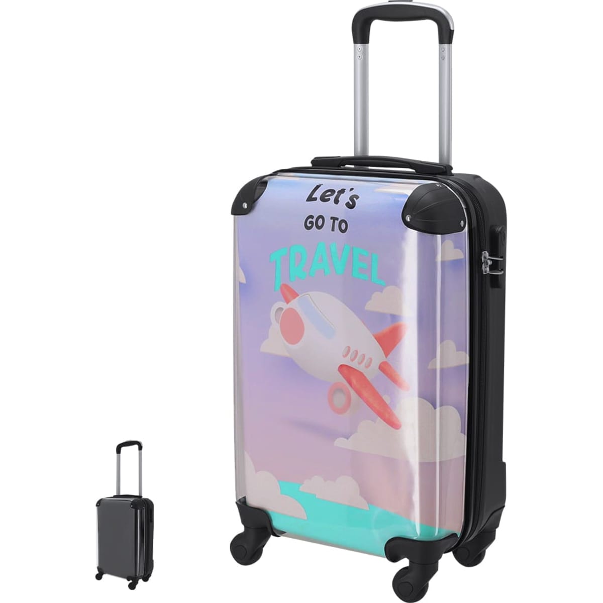 A wheeled bag in black with a colourful graphic featuring a cartoon rocket and clouds, along with a pull handle.