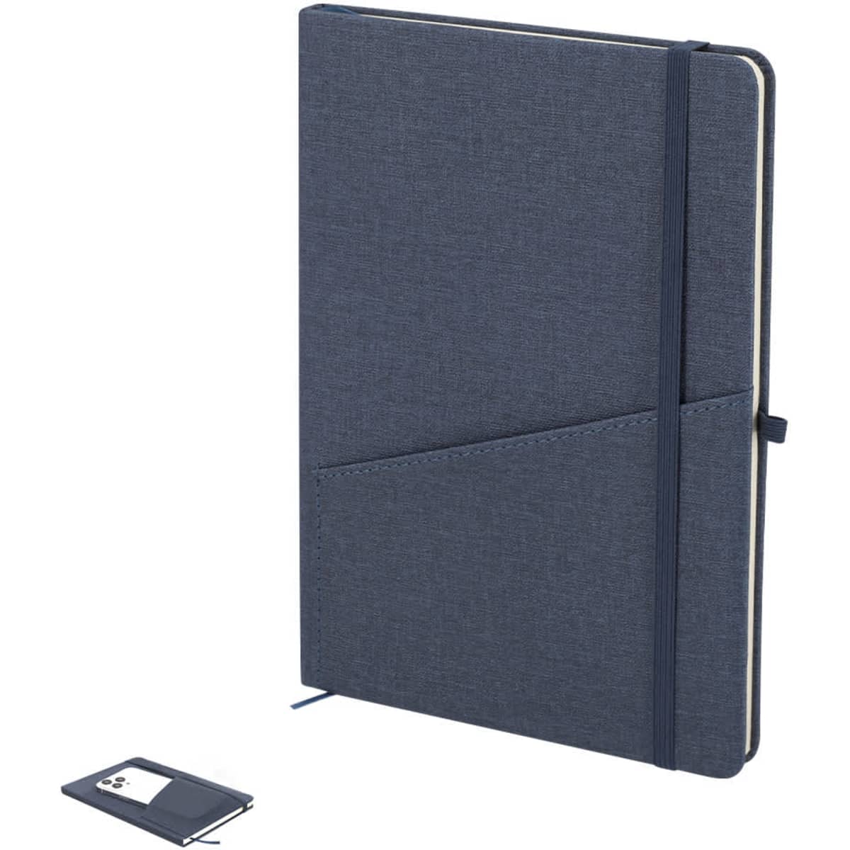 A navy blue notebook with a textured cover, features an elastic band and a pocket, alongside a matching cardholder.