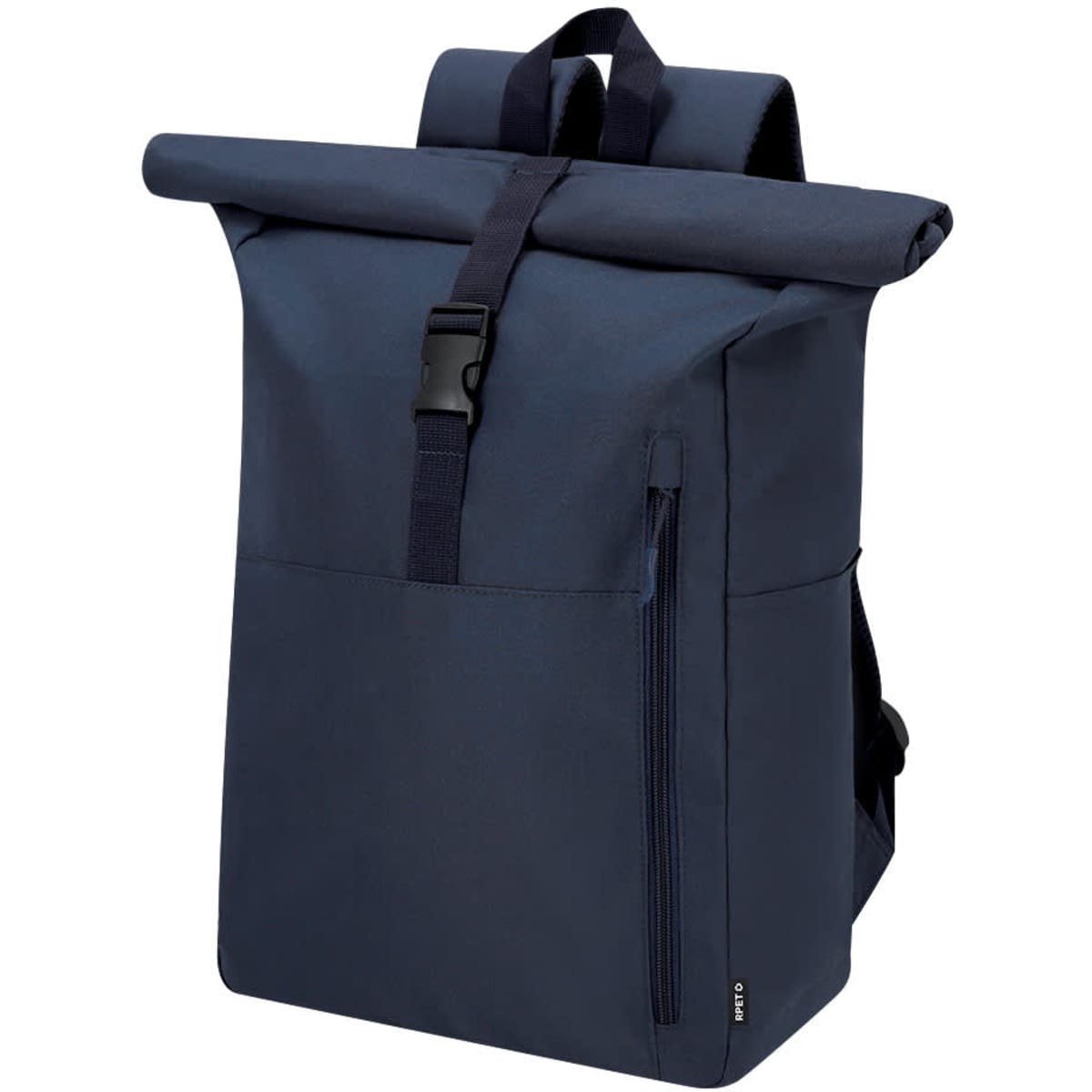 A navy blue roll-top backpack with adjustable straps, a front zip pocket, and a logo.