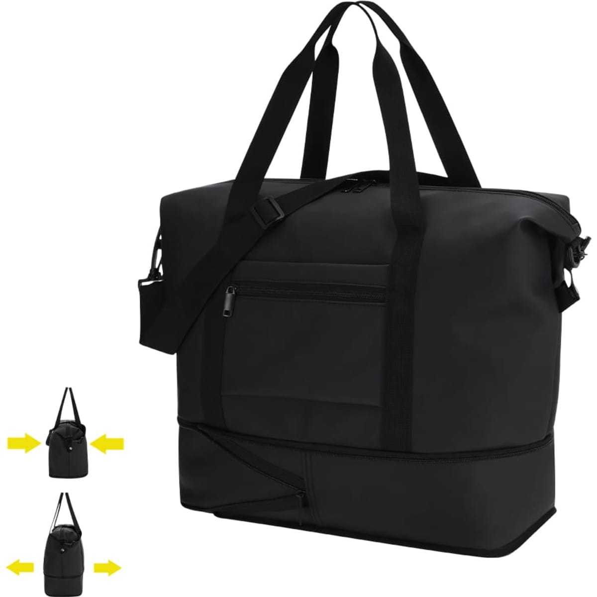 A black bag with dual handles and an adjustable strap, featuring a front zip pocket and expandable bottom compartment.