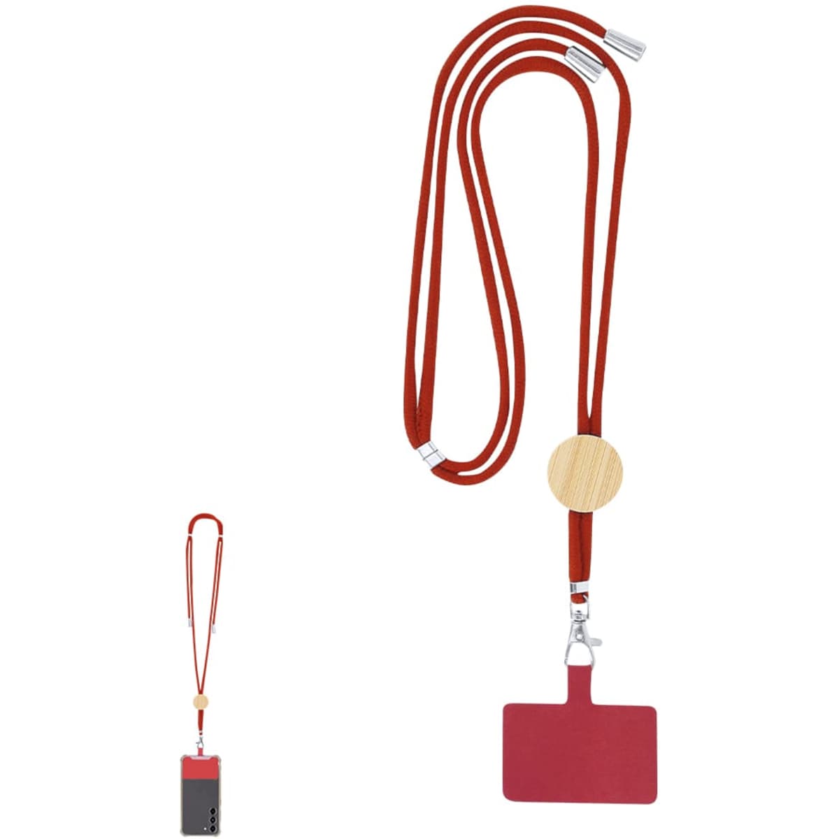 A red lanyard with metal clasps and a wooden connector, featuring a matching red ID holder.