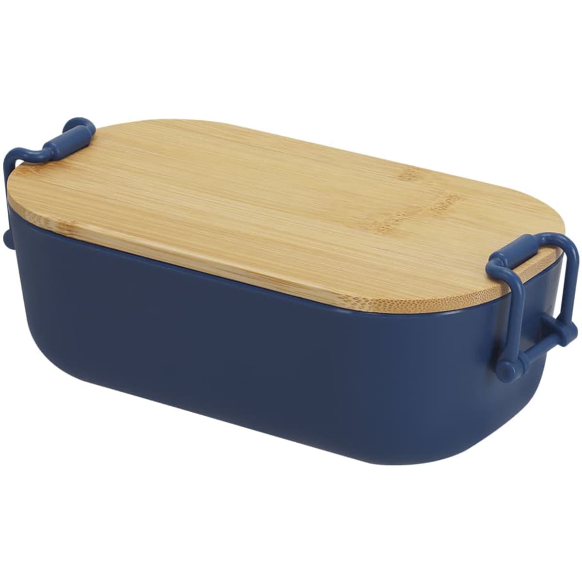 A navy lunch box with a bamboo lid and two handles, featuring a sleek, modern design.