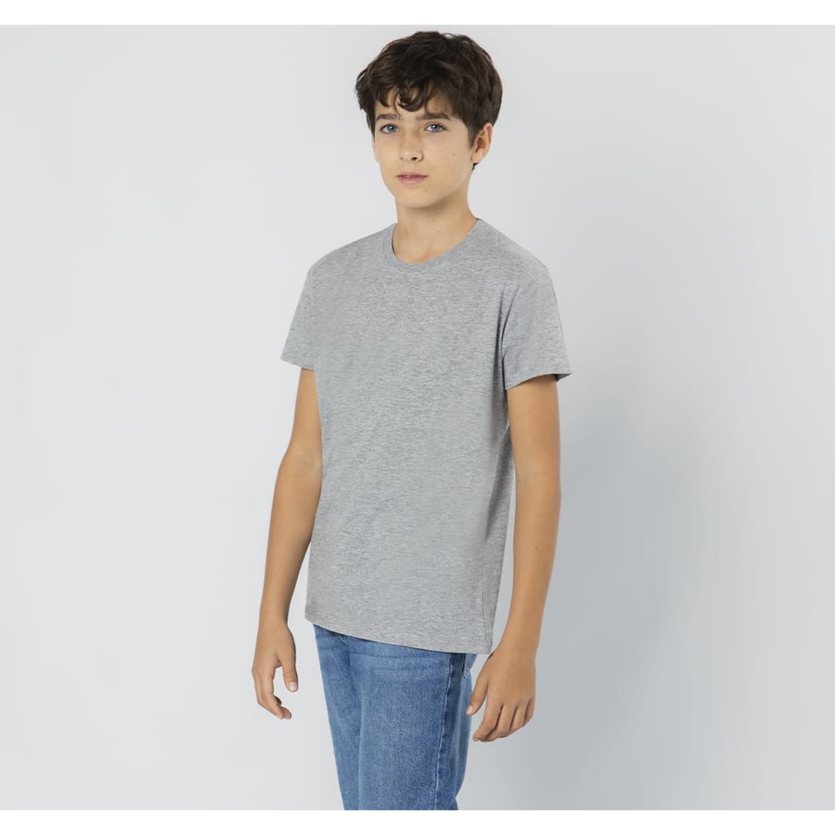 A grey t-shirt displayed on a young model, featuring a classic crew neckline and short sleeves.