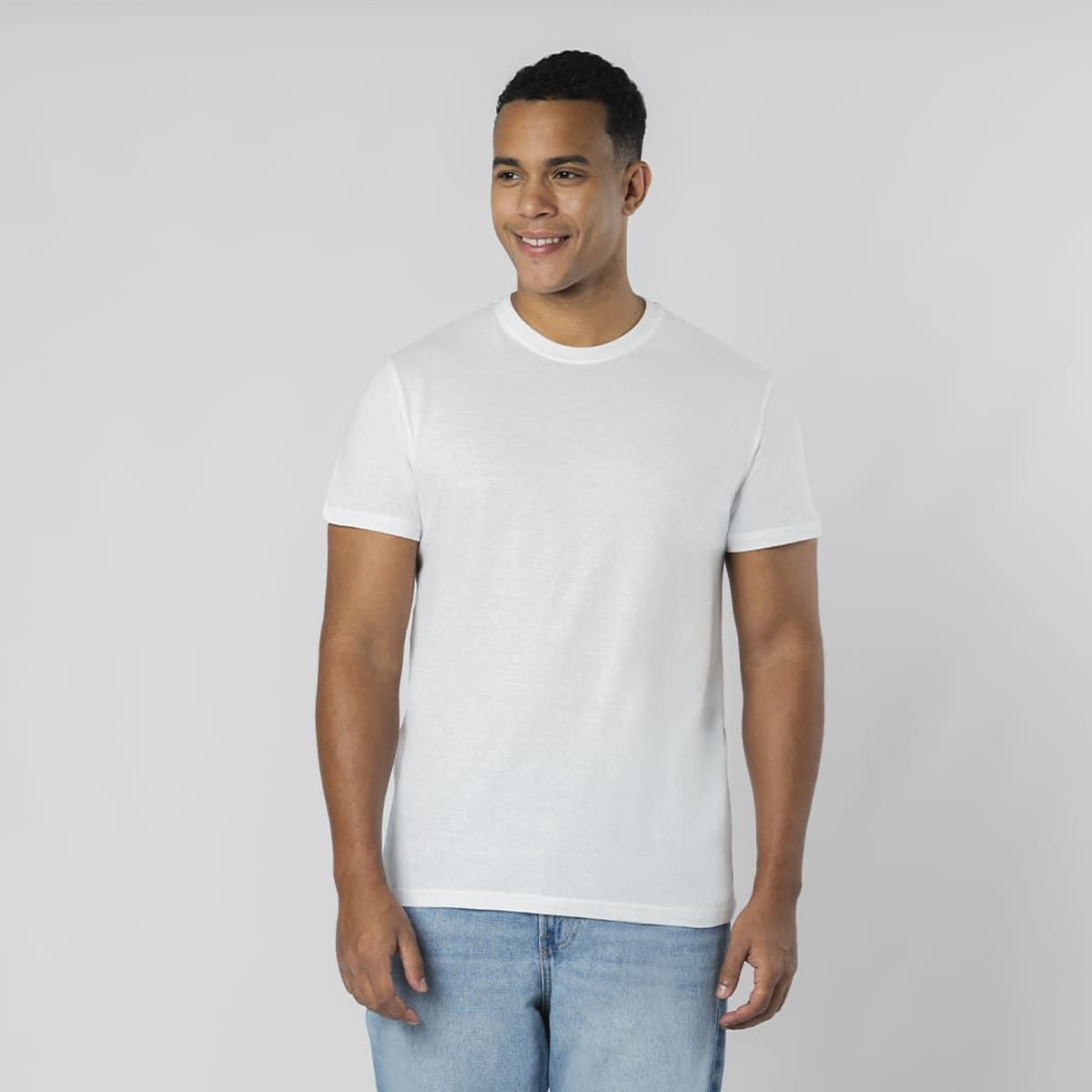 A white T-shirt displayed on a smiling man, featuring a classic crew neckline and short sleeves.