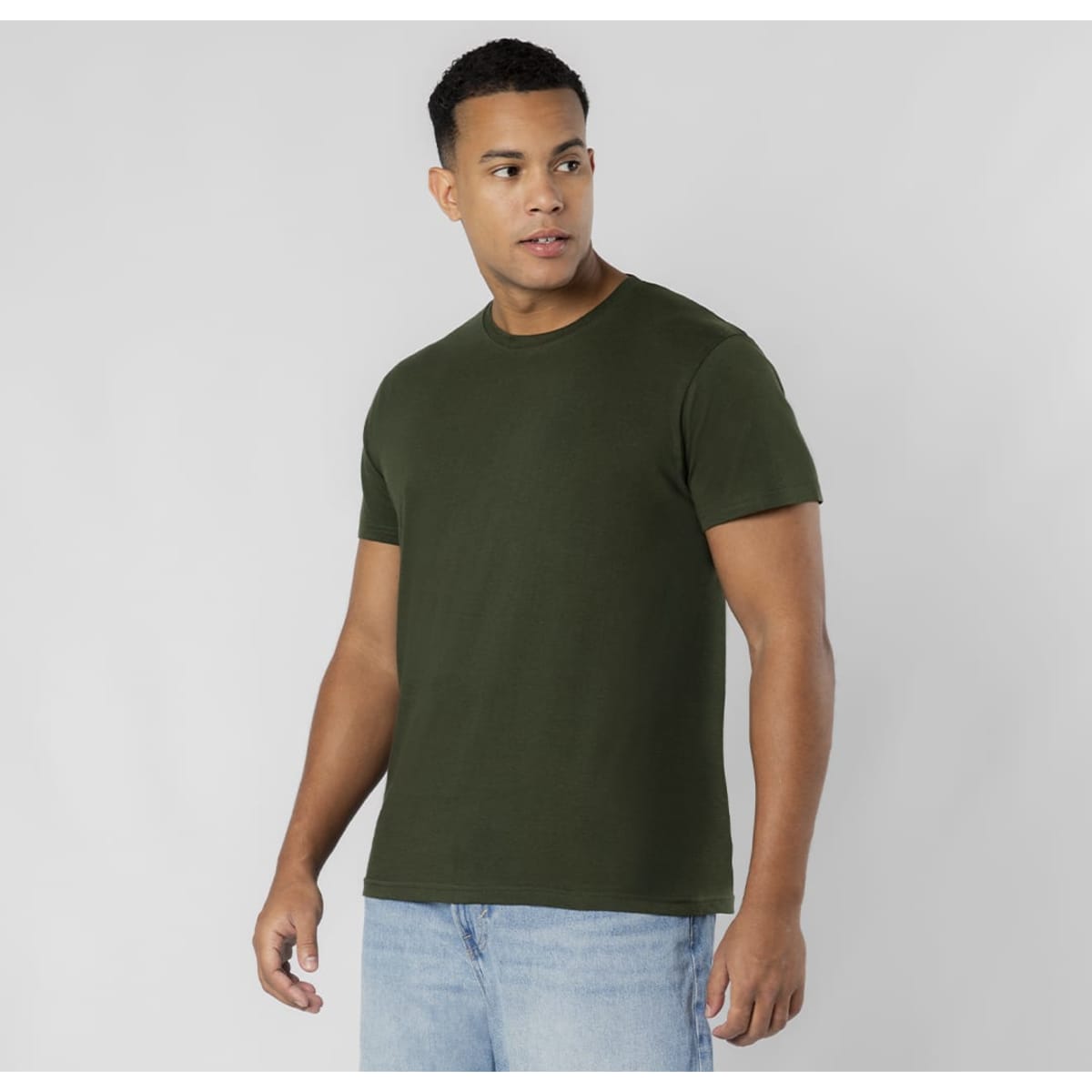 An olive green t-shirt displayed on a model, featuring a crew neck and short sleeves.