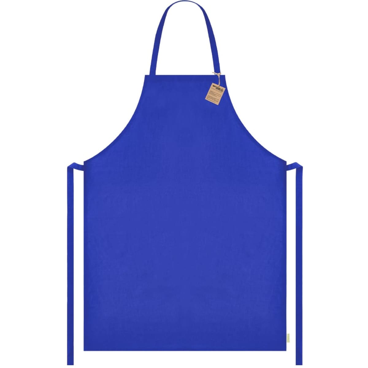 A bright blue apron with ties on either side and a hanging loop at the top, featuring a branding tag.