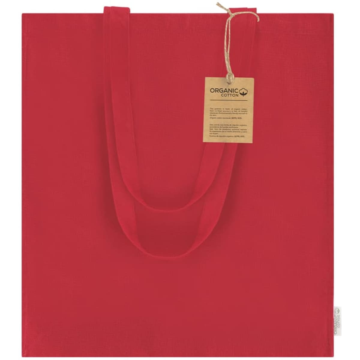 A red tote bag made of organic cotton with a hanging tag. The bag has two sturdy handles.