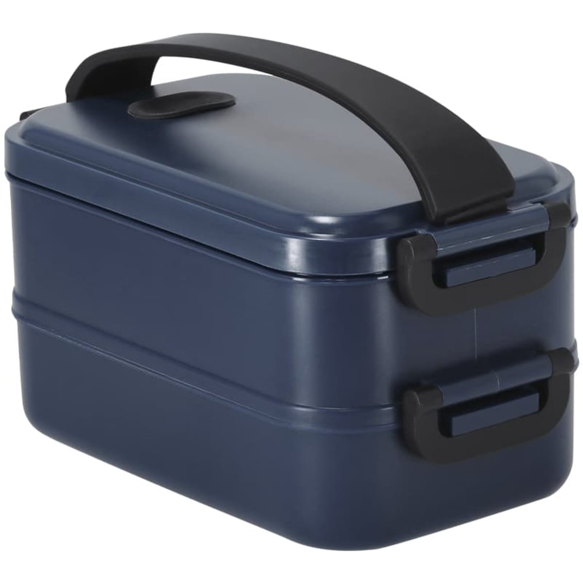 A navy blue lunch box with a black handle and clips, featuring a two-tier design for storage.