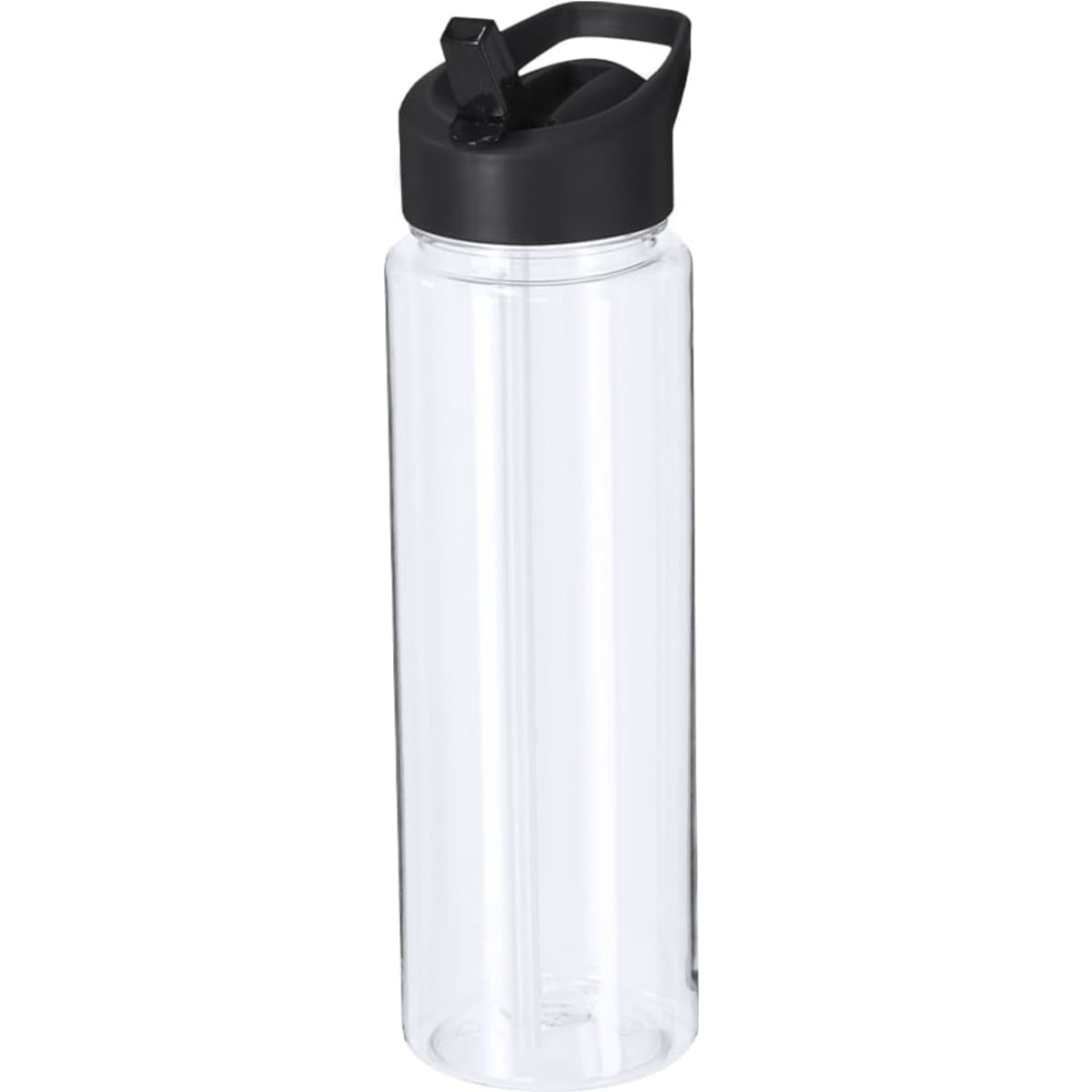 A clear drink bottle with a black lid and a flip-top spout, featuring a logo. Ideal for hydration on the go.