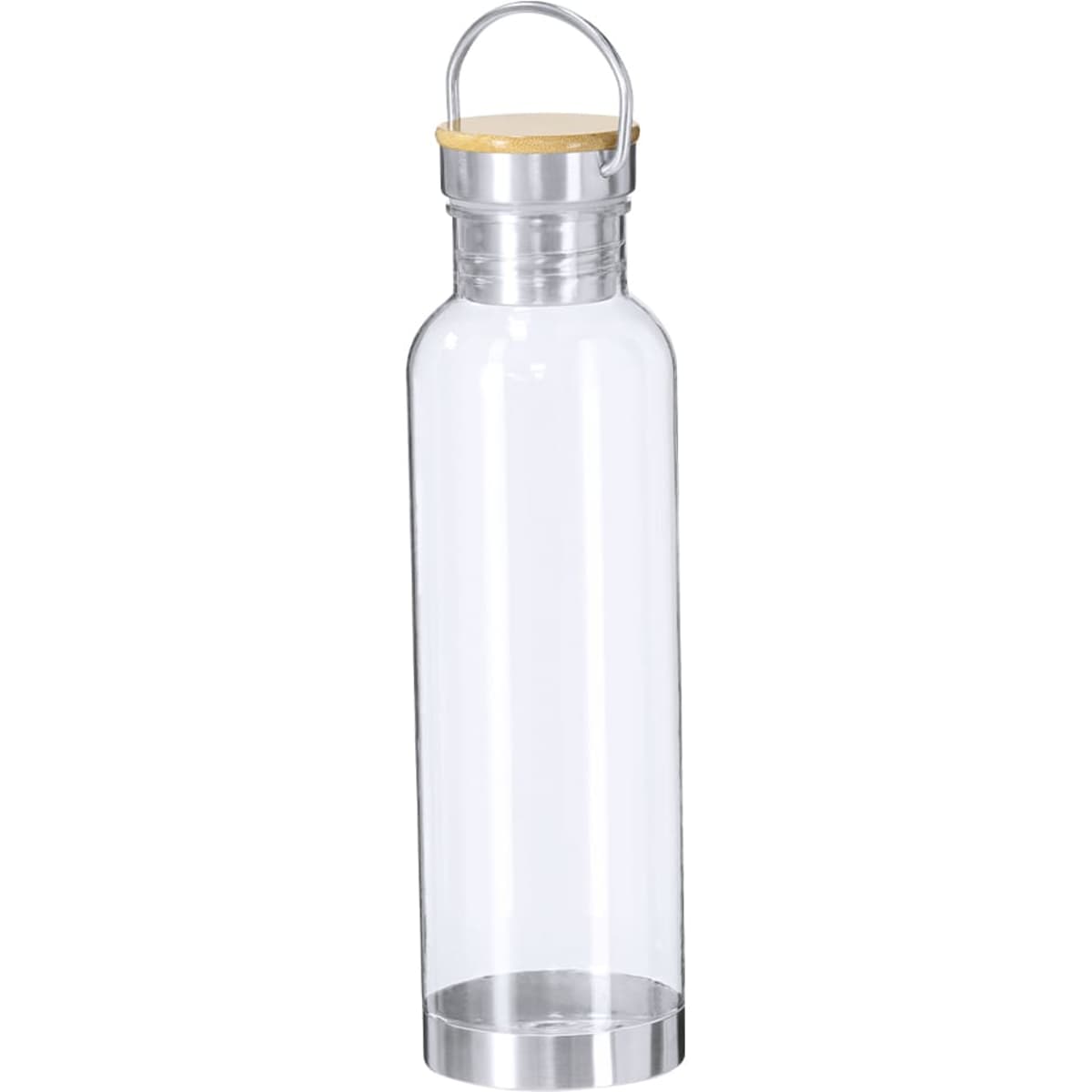 A drink bottle made of clear glass with a wooden lid and a stainless steel base. It features a handle for easy carrying.