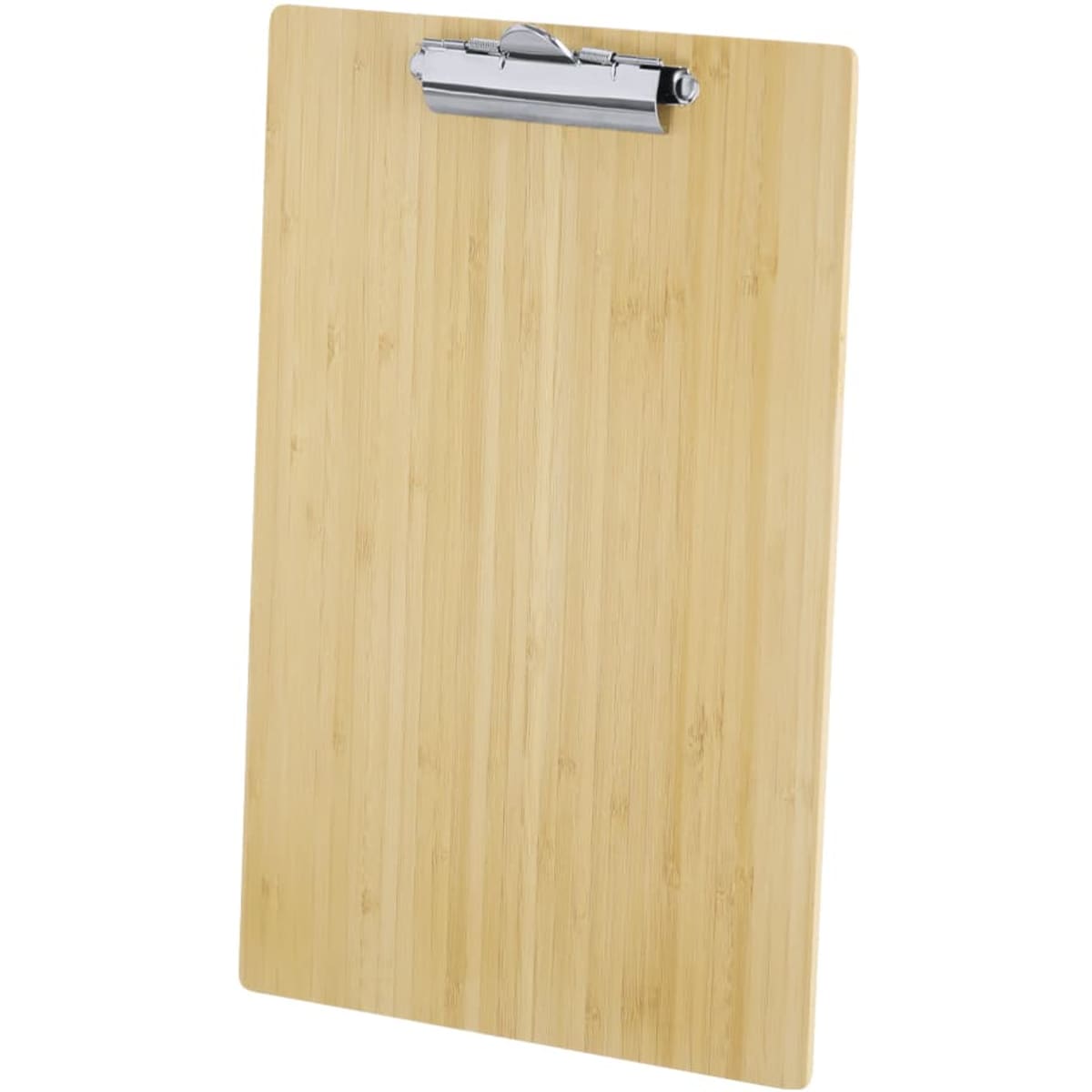 A bamboo clipboard with a silver metal clip, featuring a natural wooden finish.