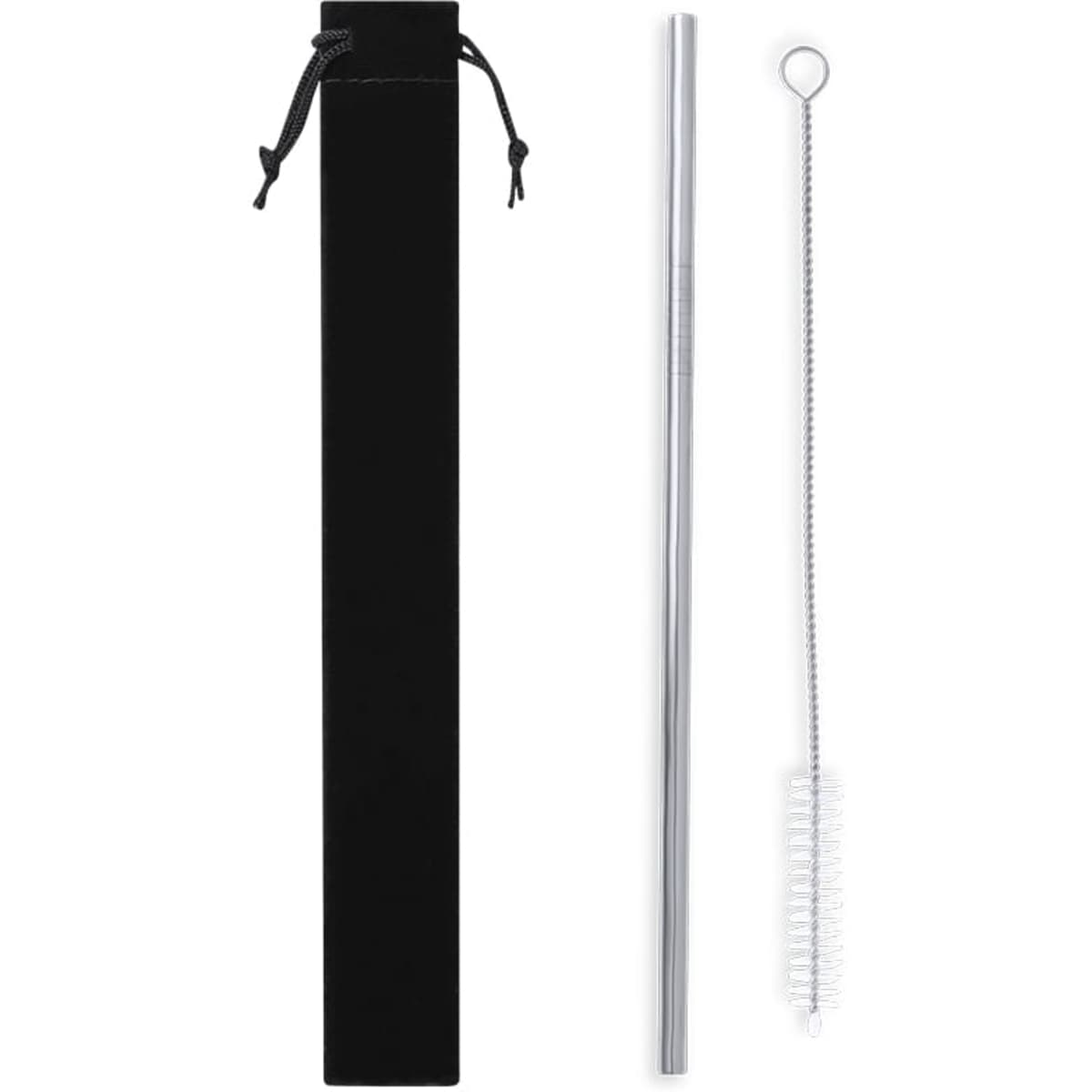 A silver drinking straw with a cleaning brush and a black pouch. The straw has a sleek design.