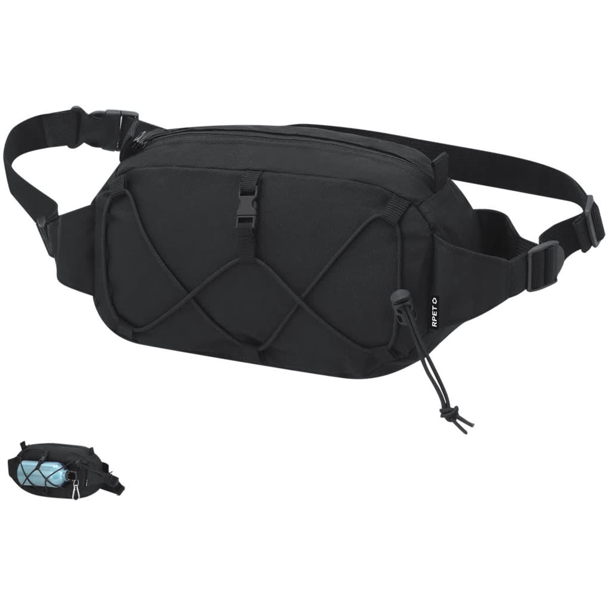 A black bum bag featuring a front bungee cord design and adjustable strap. It has a logo on it.