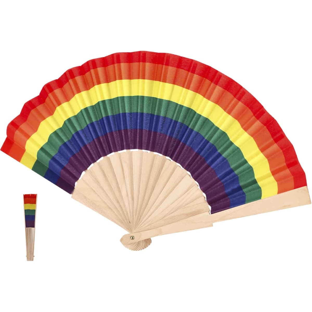 A rainbow-coloured handheld fan with a wooden frame, alongside a smaller matching fan.