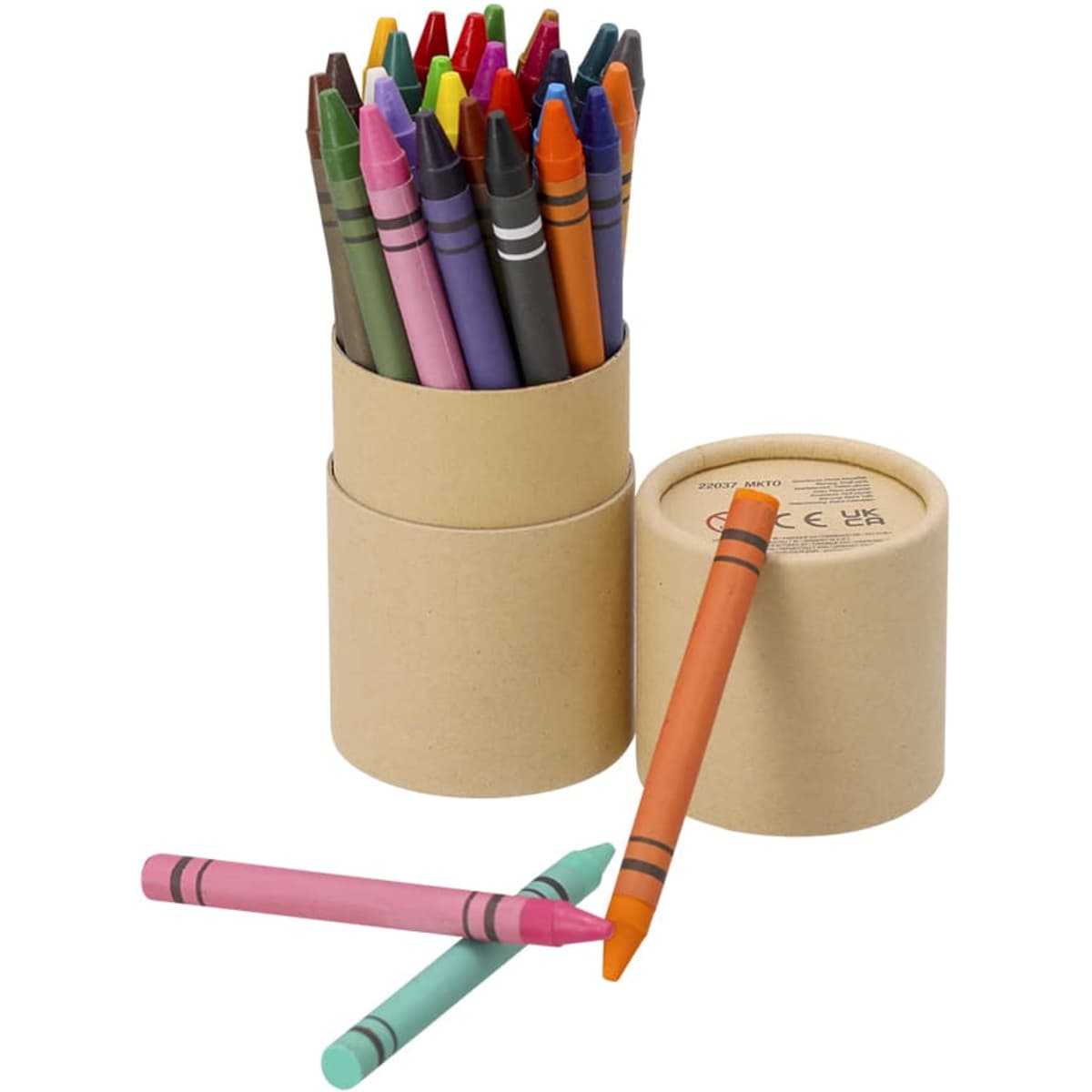 A container of multicoloured crayons with a cardboard holder, featuring various vibrant colours and some loose crayons.