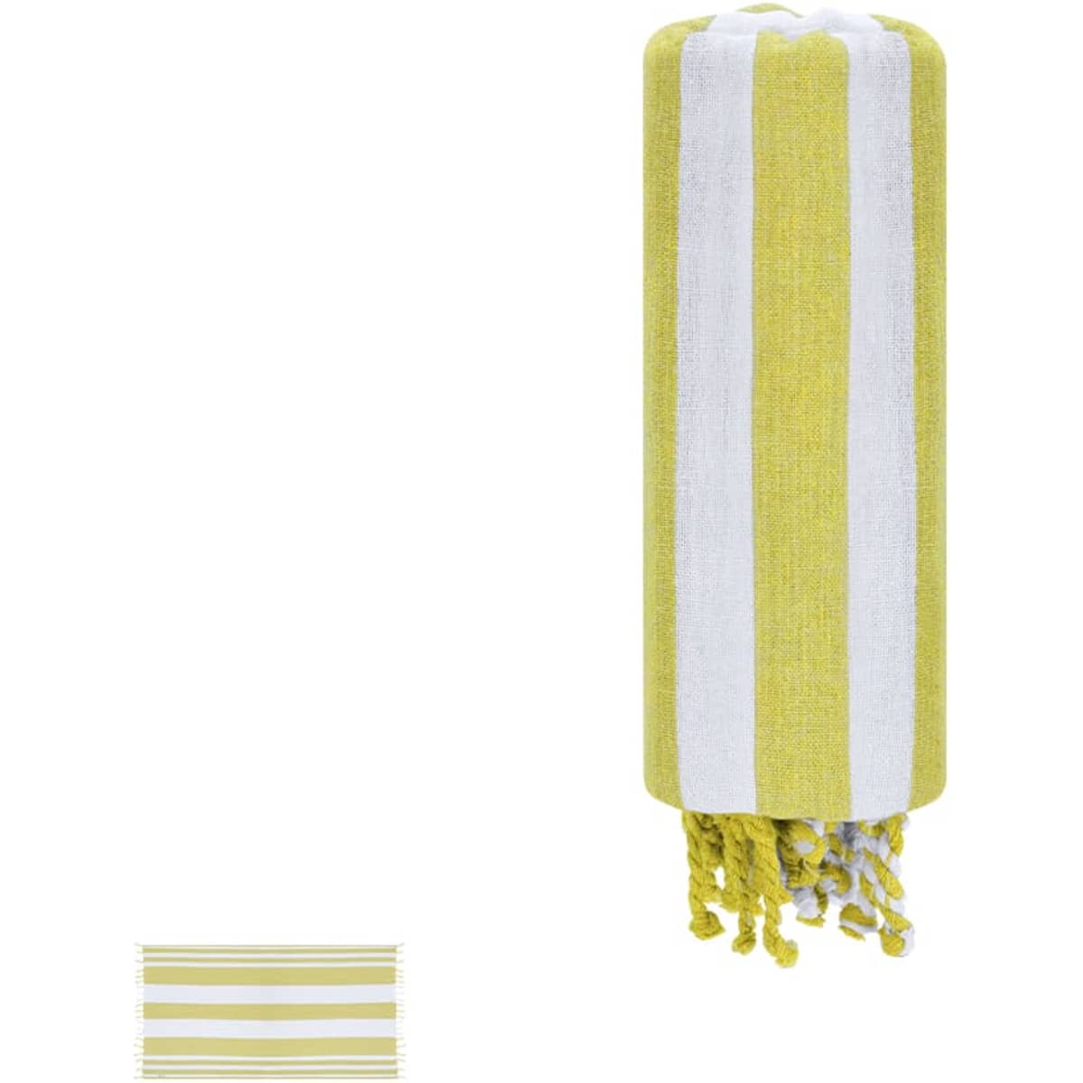 A rolled yellow and white striped towel with tassels, featuring a logo on the side.