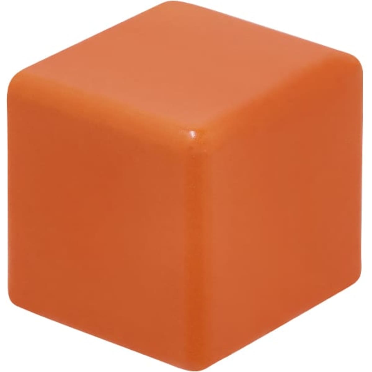 An orange stress cube with smooth edges, featuring a shiny finish. It has a simple design and contains a logo.