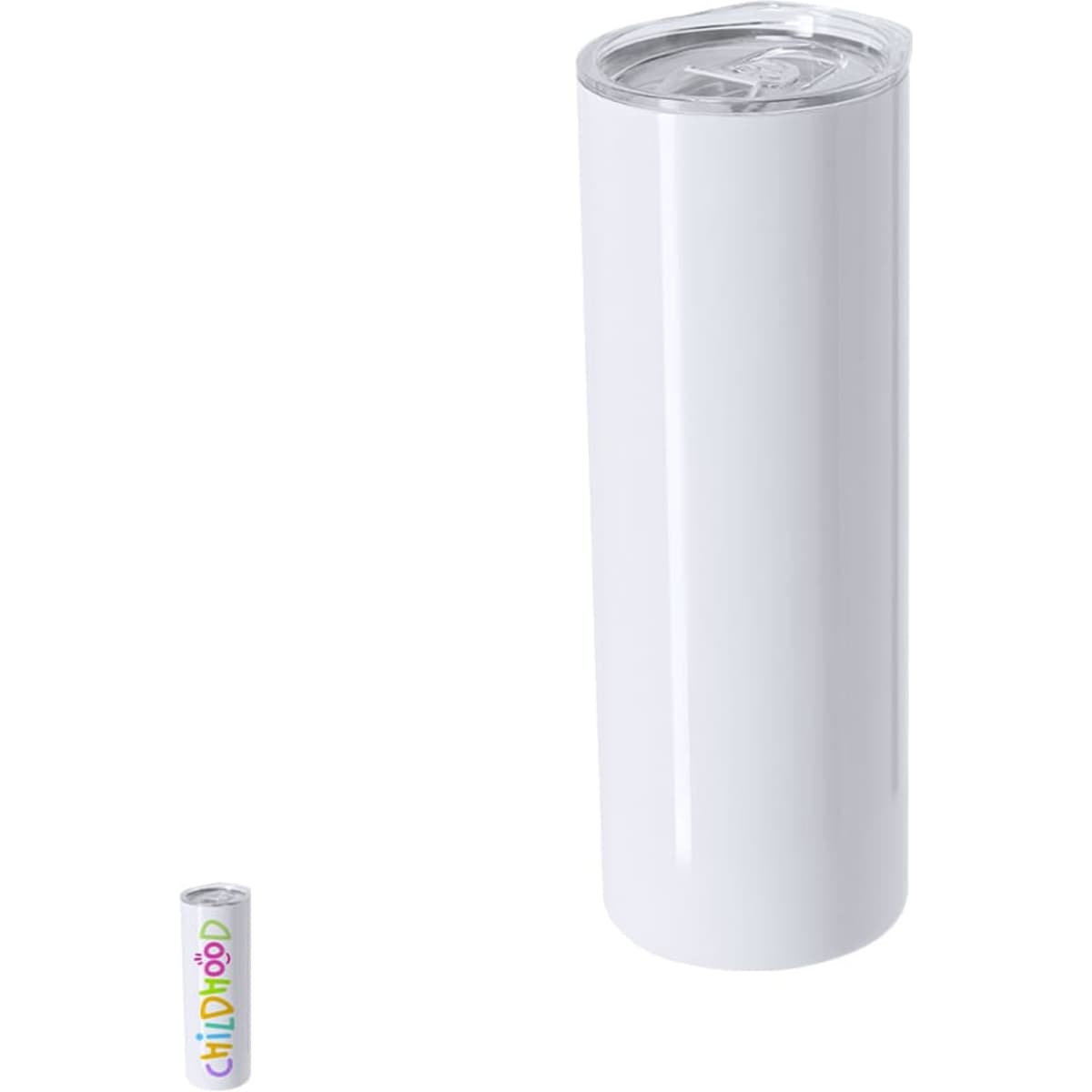 A drink bottle with a sleek white exterior, featuring a transparent lid and a logo on one side.