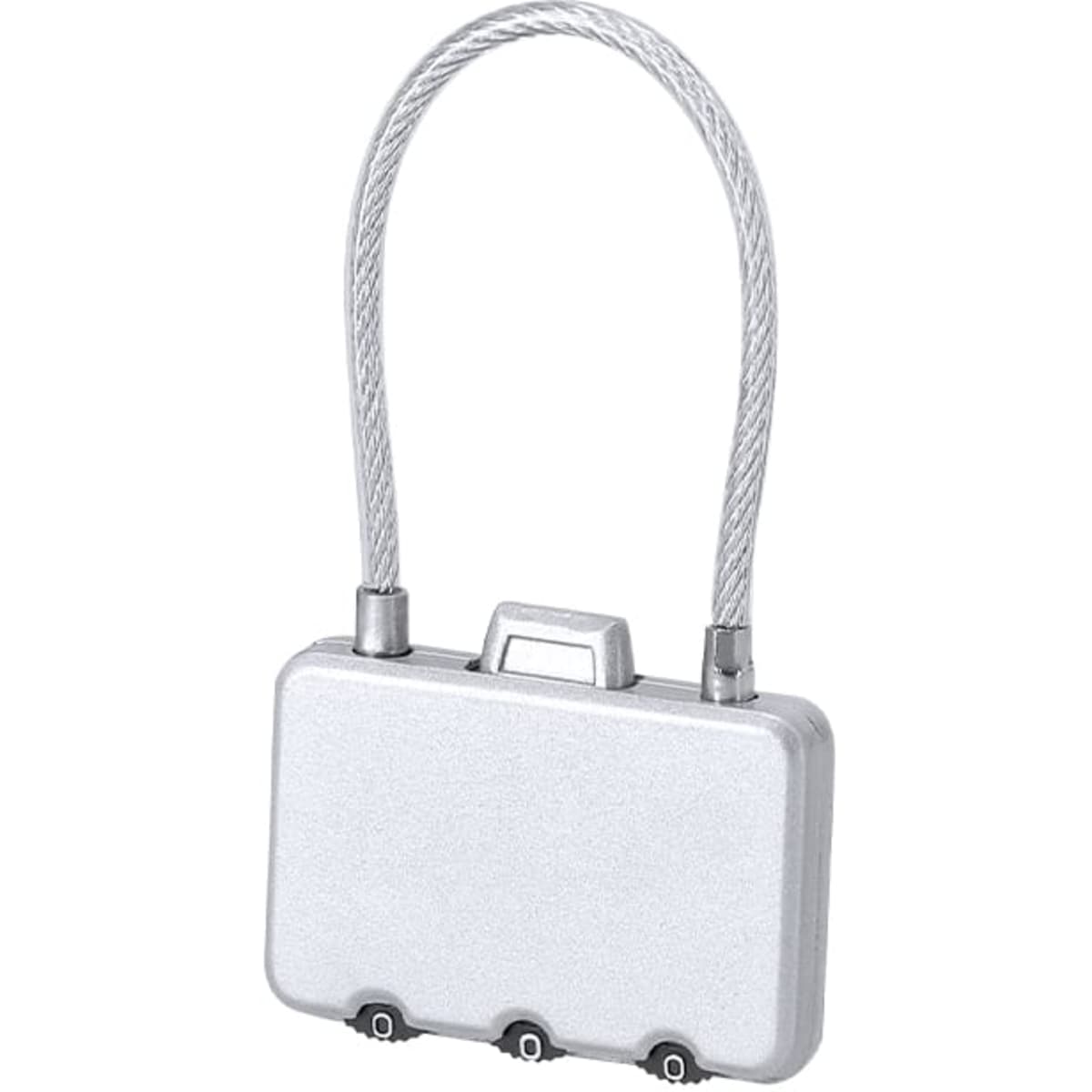 A silver keyring tool with a textured finish and a flexible cable handle, featuring a secure closure mechanism.