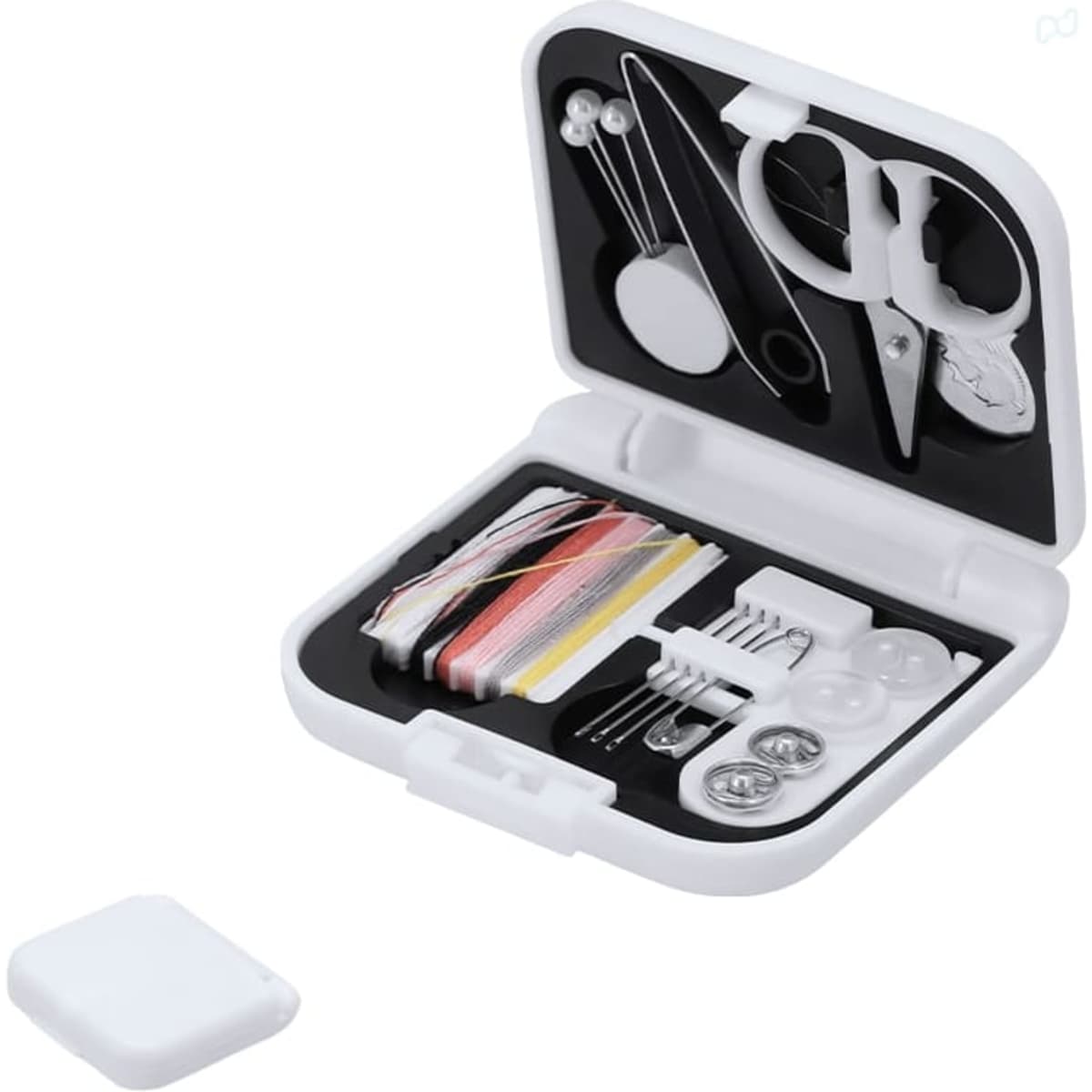 A sewing kit in a compact white case containing various threads, needles, buttons, and scissors.