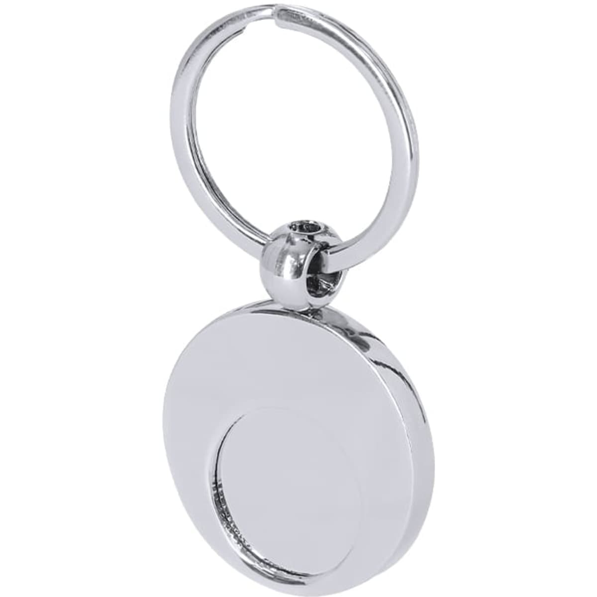 A silver keyring featuring a round flat disc and a decorative connection loop. It has a smooth, reflective surface.