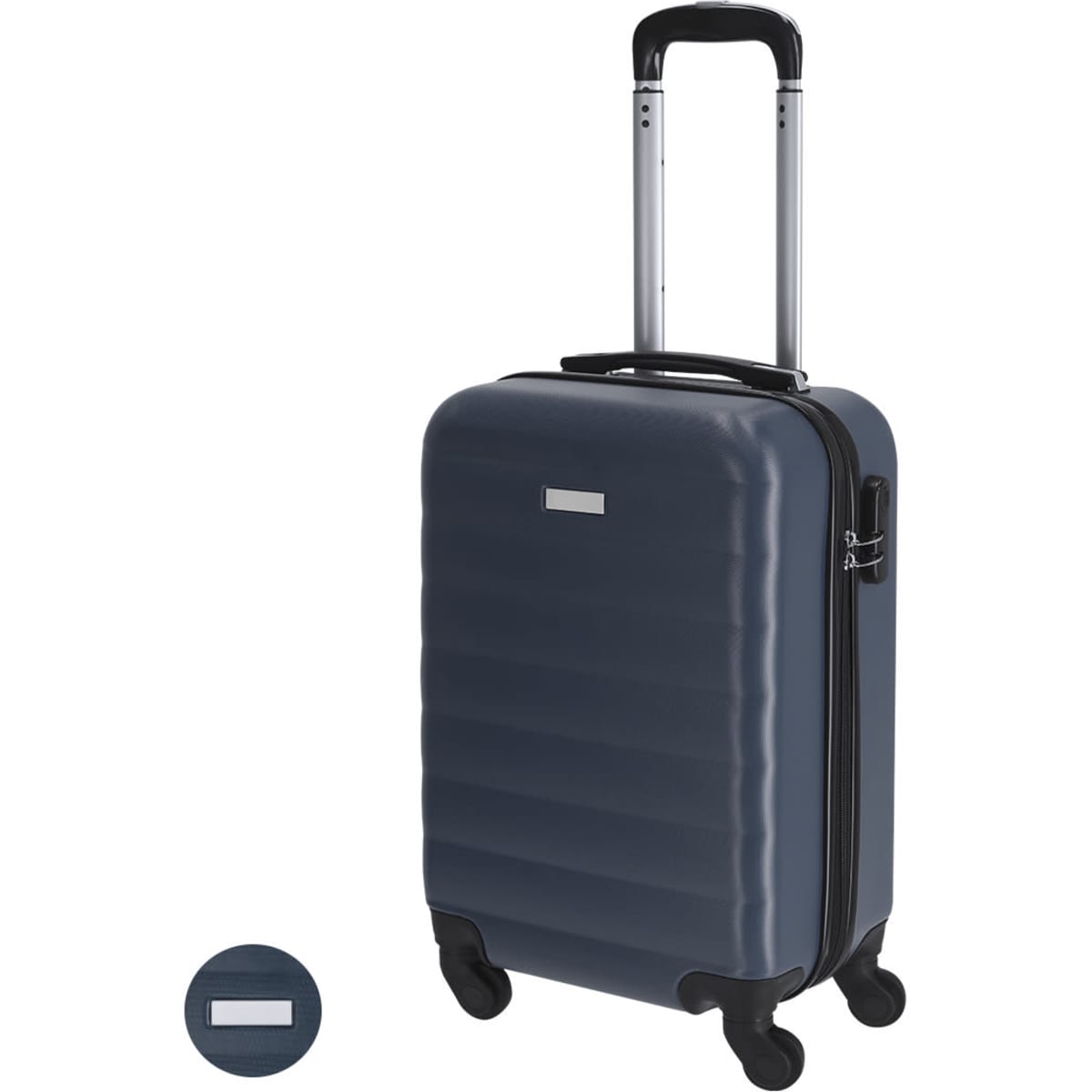A wheeled bag in a dark navy blue with a textured surface and a telescopic handle. It features a logo on the front.