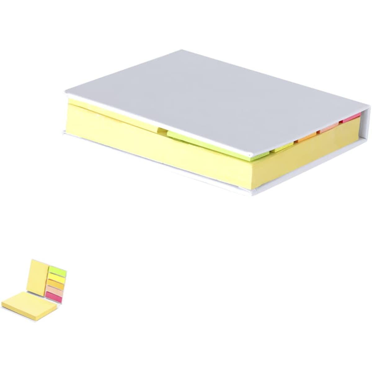 A notebook with a grey cover and yellow sticky notes, featuring colourful flags along the side, and a small image of the same product.