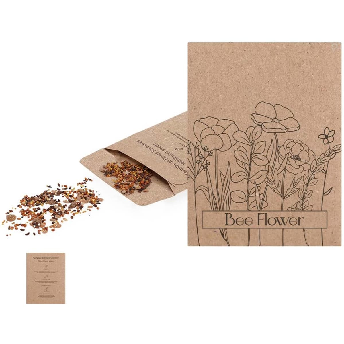 A brown kraft envelope contains flower seeds, with some seeds spilled beside it. The envelope features floral line art and branding.