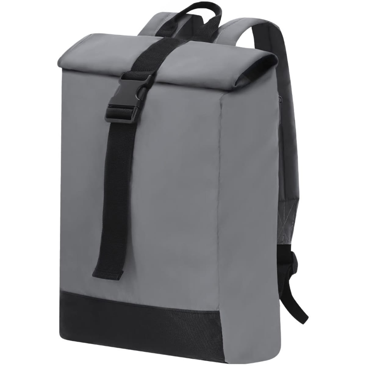 A grey backpack with a roll-top design, featuring a black bottom section and adjustable straps. It has a branding logo.