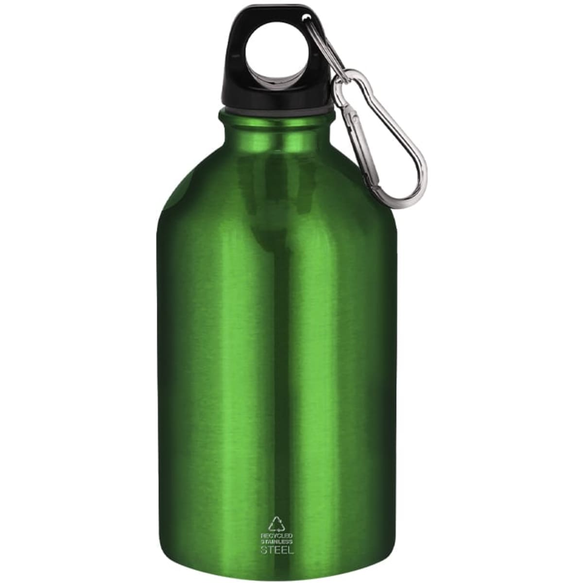 A green stainless steel drink bottle with a black lid and a carabiner clip.