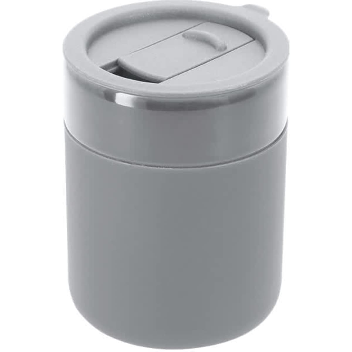 A drink bottle in grey with a secure lid and a small opening for sipping, featuring a logo.