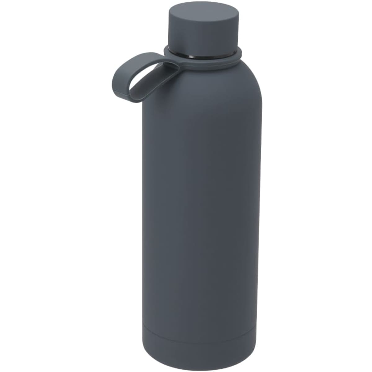 A drink bottle in dark grey with a comfortable grip and loop handle. It features a simple design and a logo.