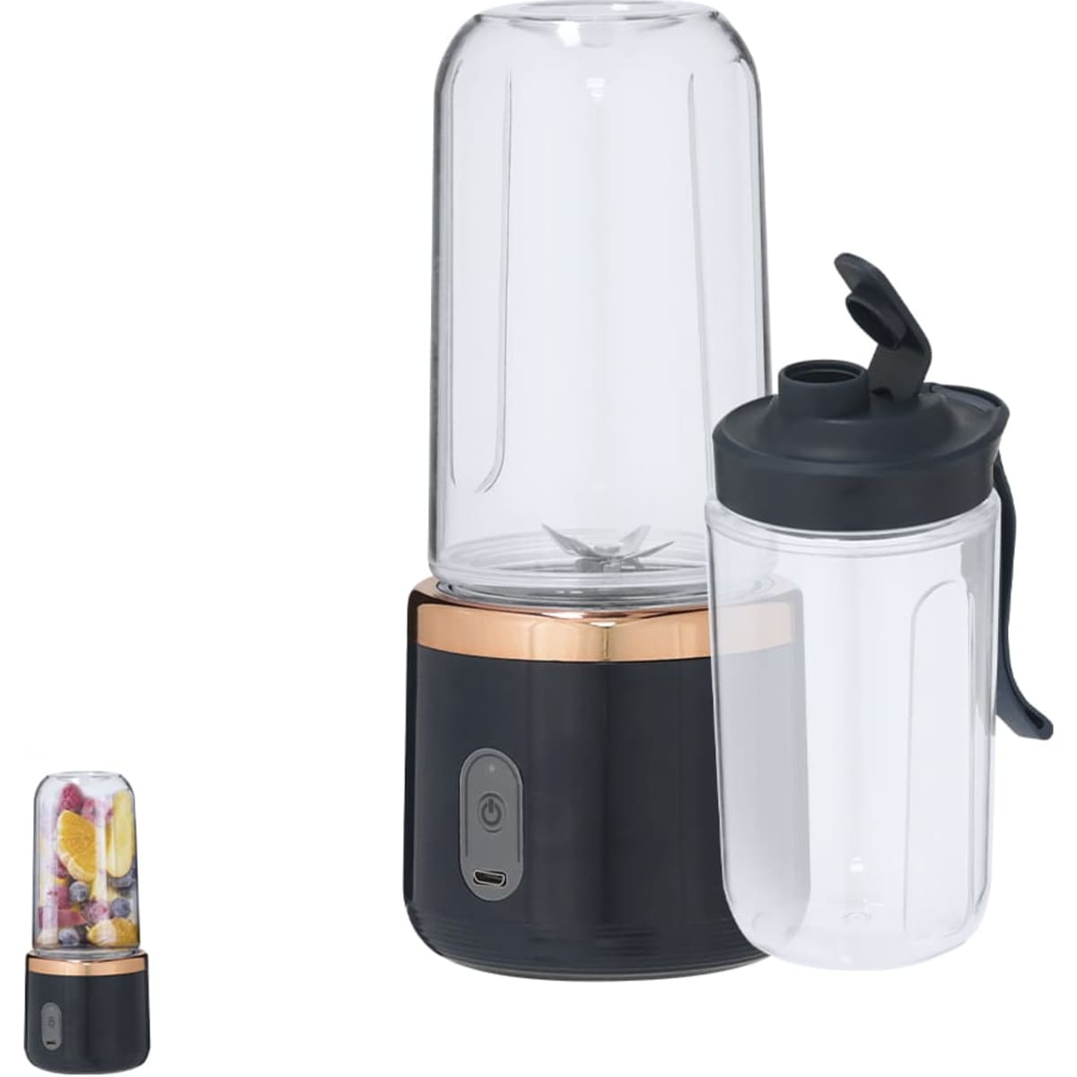 A black and transparent blender with a detachable cup, featuring a gold accent and a button on the base.