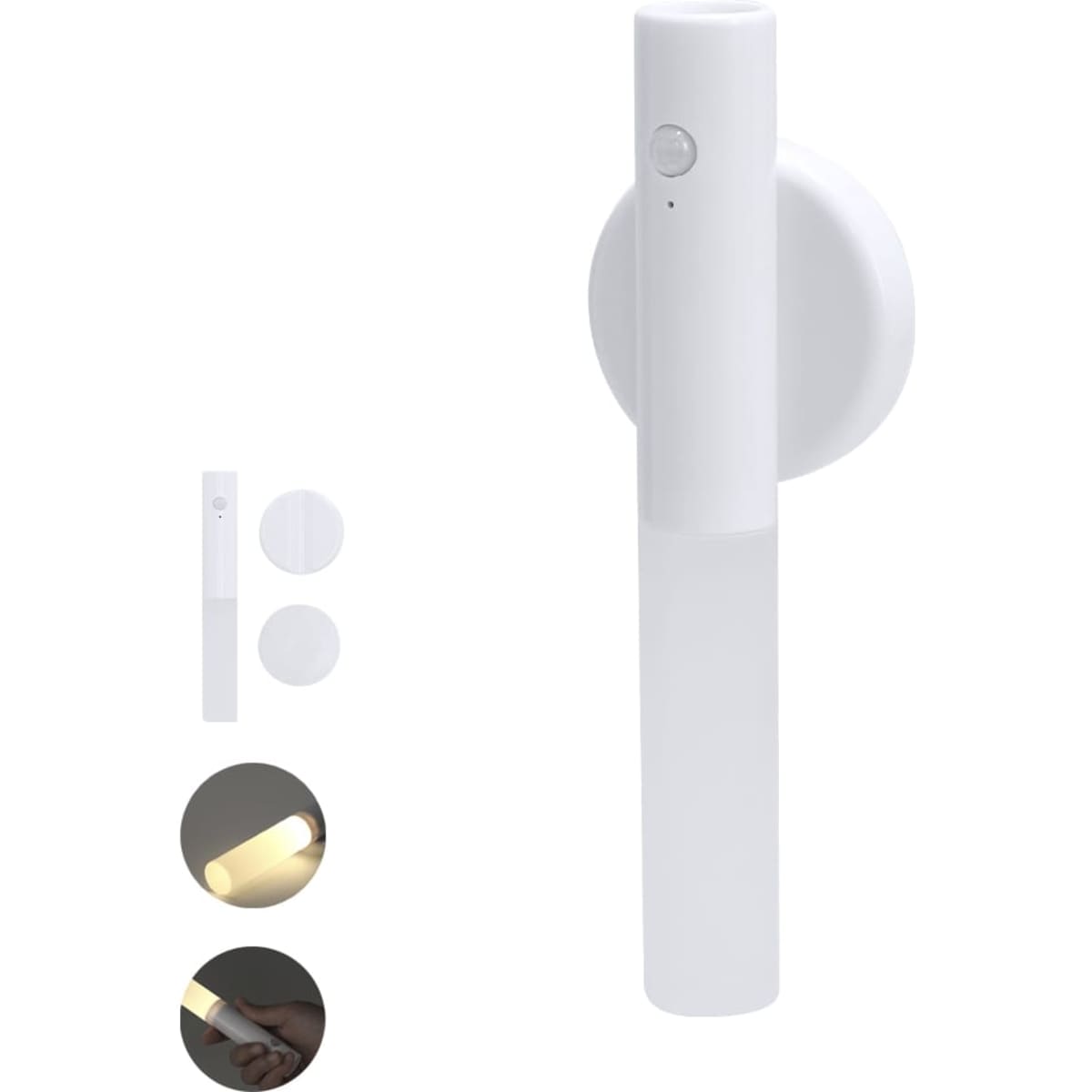 A white rechargeable torch with a round wall mount and a simple design, featuring a button and various light settings.