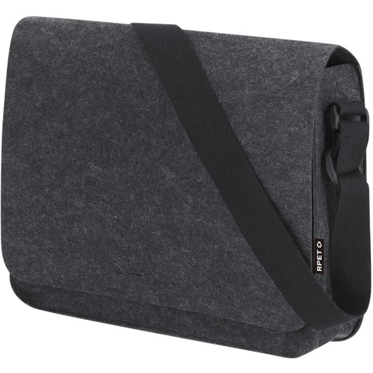 A dark grey laptop bag with a felt texture and an adjustable strap, featuring a branding logo.