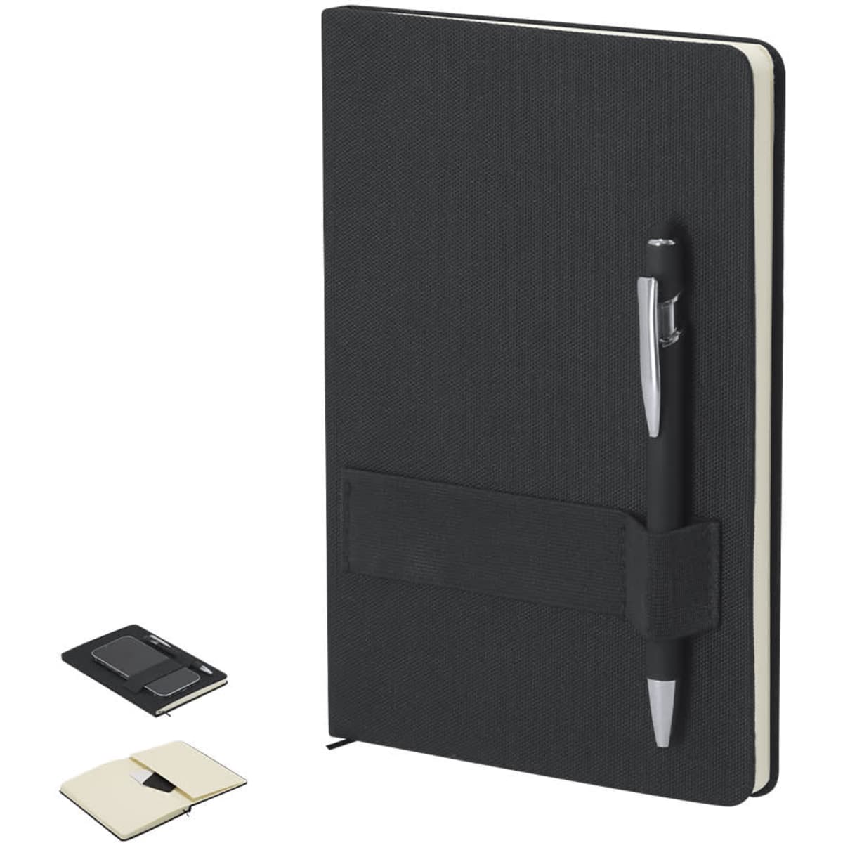 A black notebook with a pen attached, featuring a textured cover and a pocket, alongside a smaller notebook and card holder.