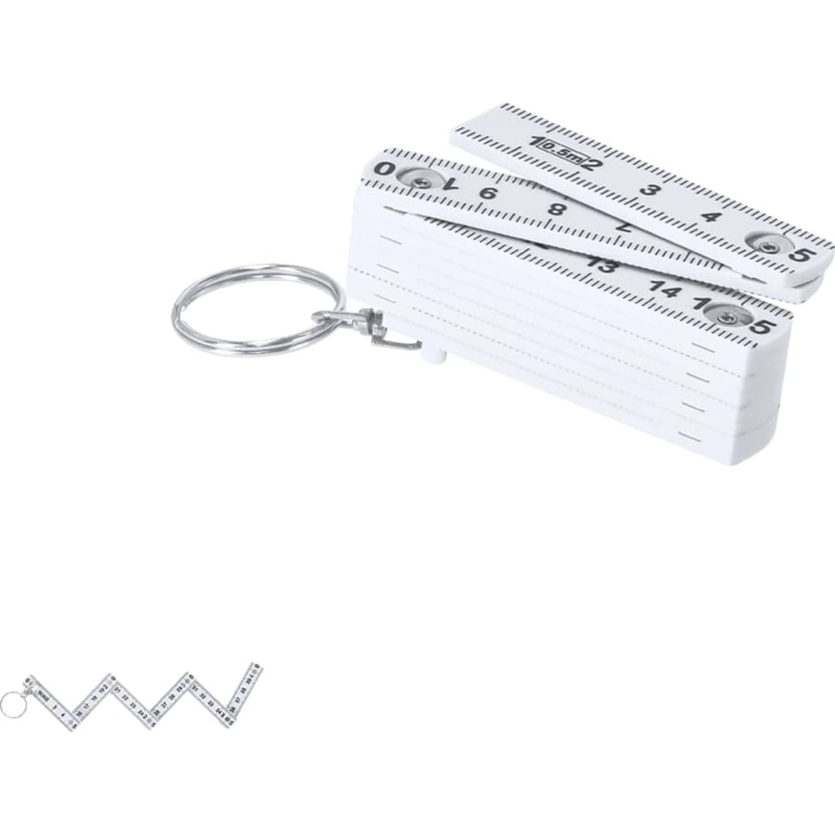 A white keyring shaped like a folding ruler, featuring measurement markings, with a silver ring attachment.