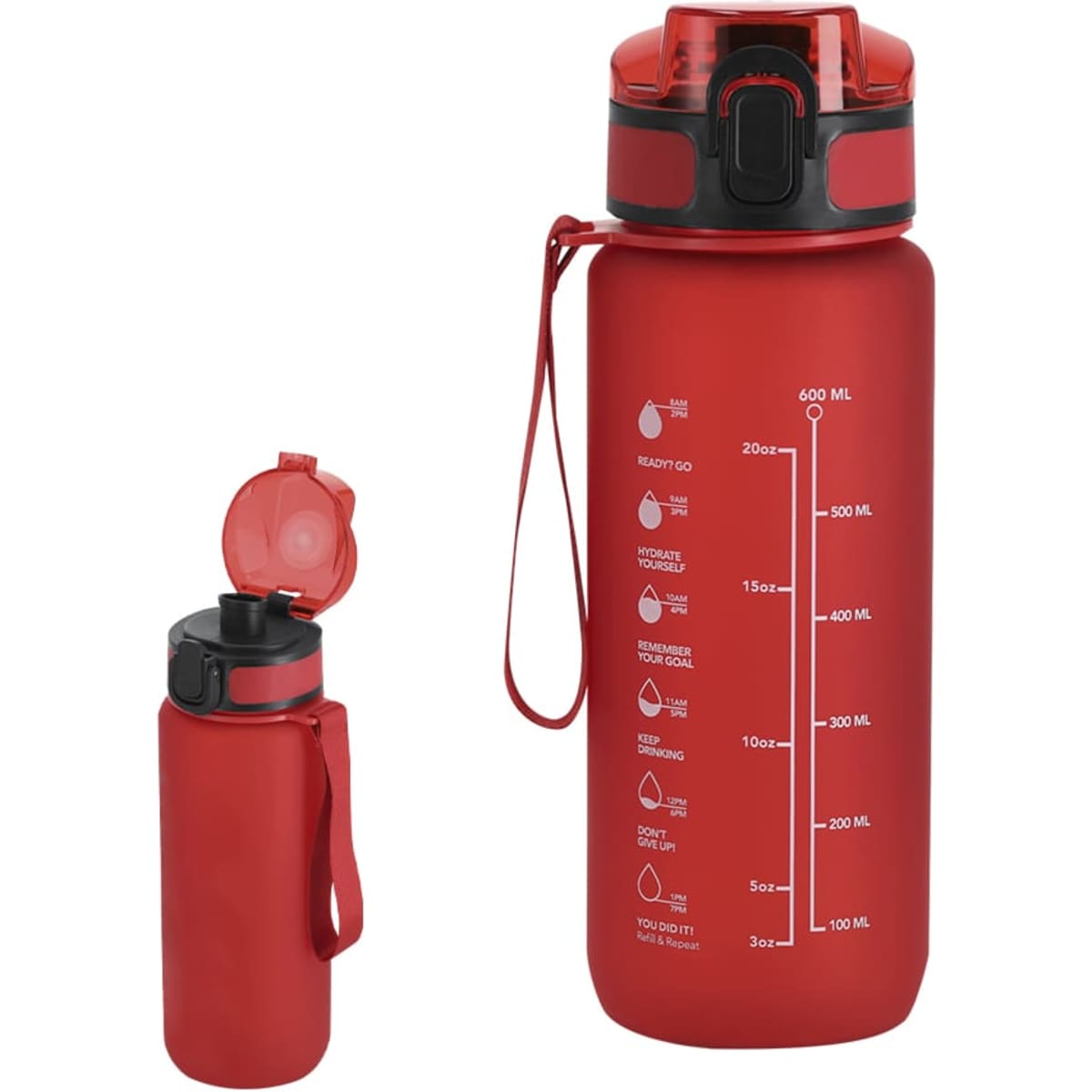 A drink bottle in red, featuring a removable lid and measurement markings, with a smaller bottle shown alongside.
