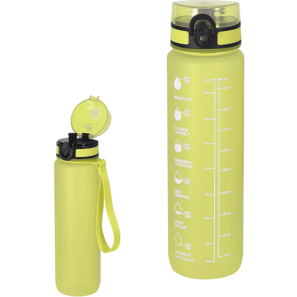 A drink bottle in bright yellow, featuring a flip-top lid, measurement markings, and a wrist strap.