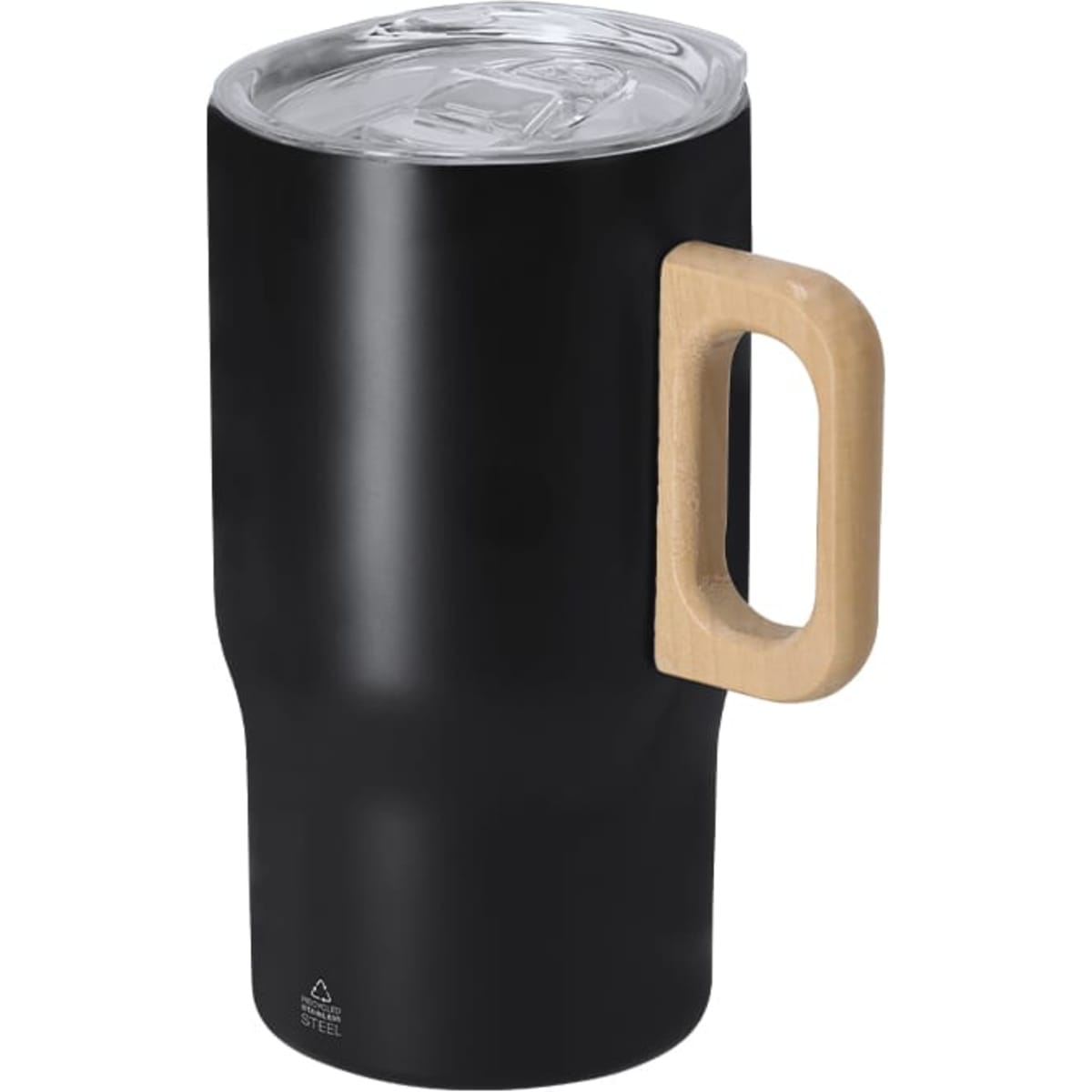 A drink bottle with a black body, clear lid, and a wooden handle. It features a simple design and has a logo.