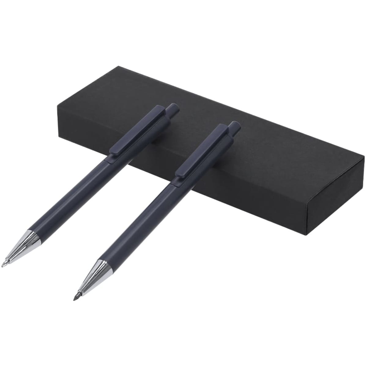 A metal pen gift set featuring two sleek black pens in a black presentation box.