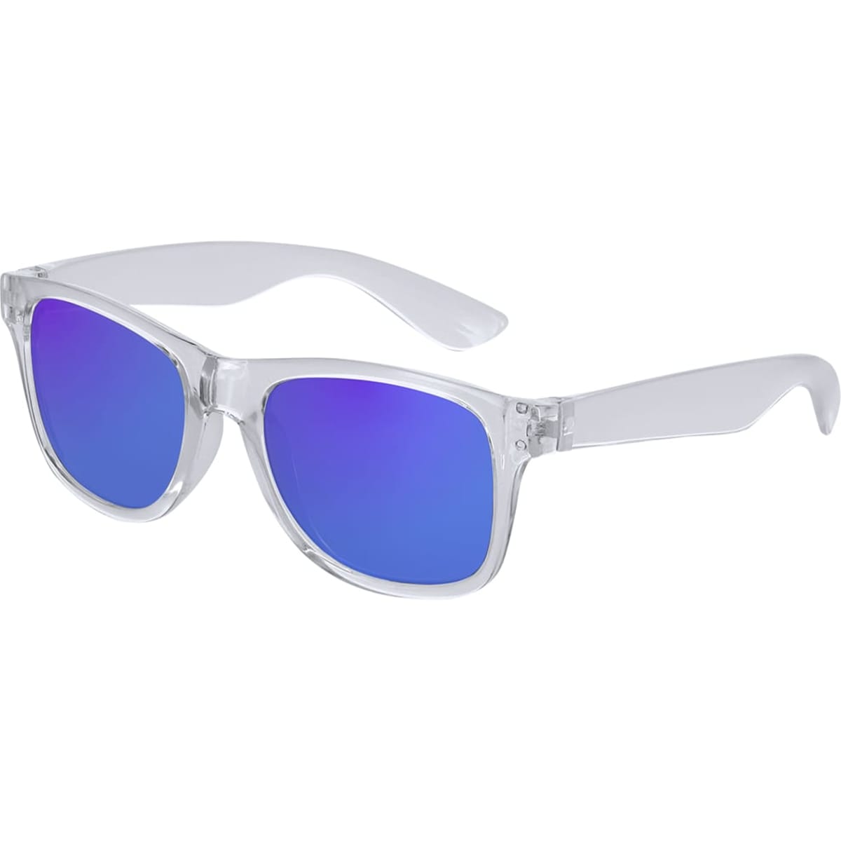 A pair of sunglasses with clear frames and blue mirrored lenses. The design is modern and stylish.
