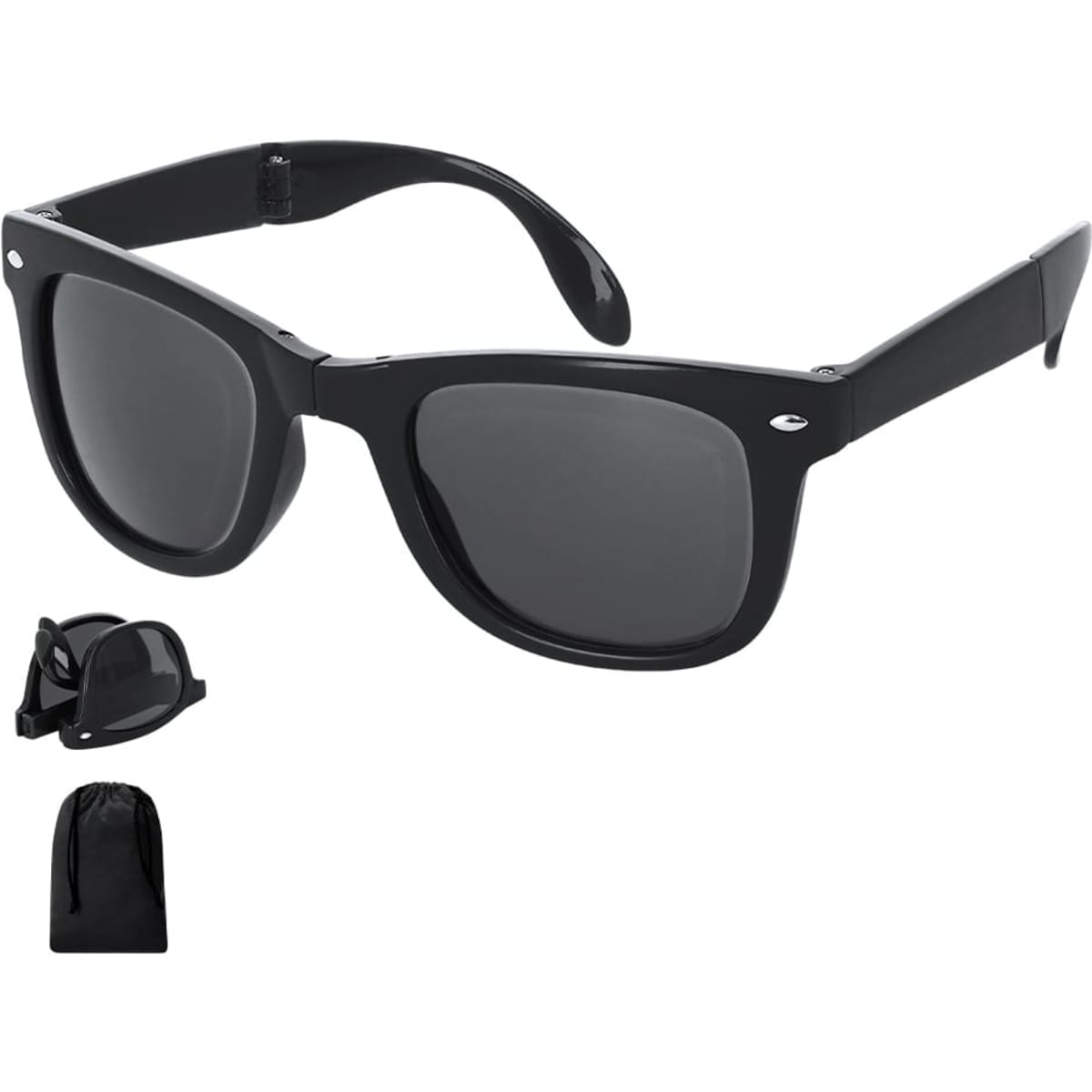 Black sunglasses with dark lenses, accompanied by a black case and a pouch. The sunglasses feature a logo on the frame.