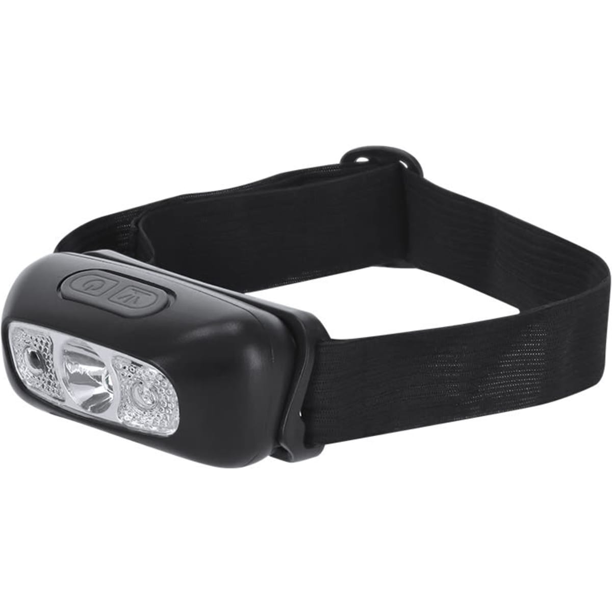 A black head torch with a flexible strap, featuring two LED lights and a branding logo.