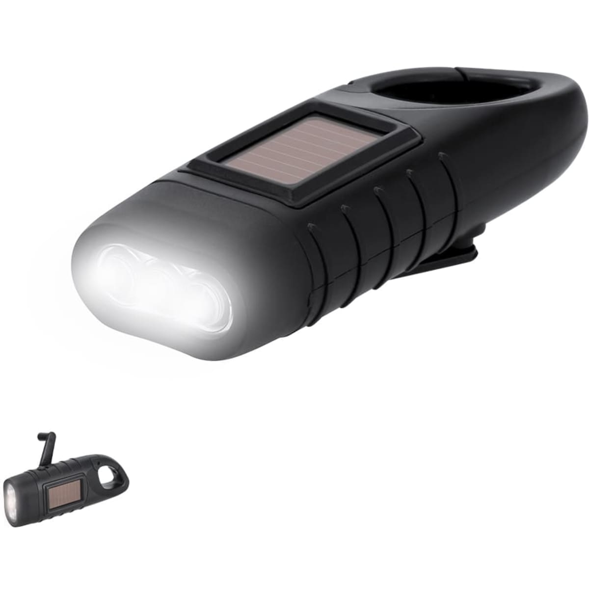 A black Trakip Torch with solar panels, featuring bright white LED lights and a keyring attachment.