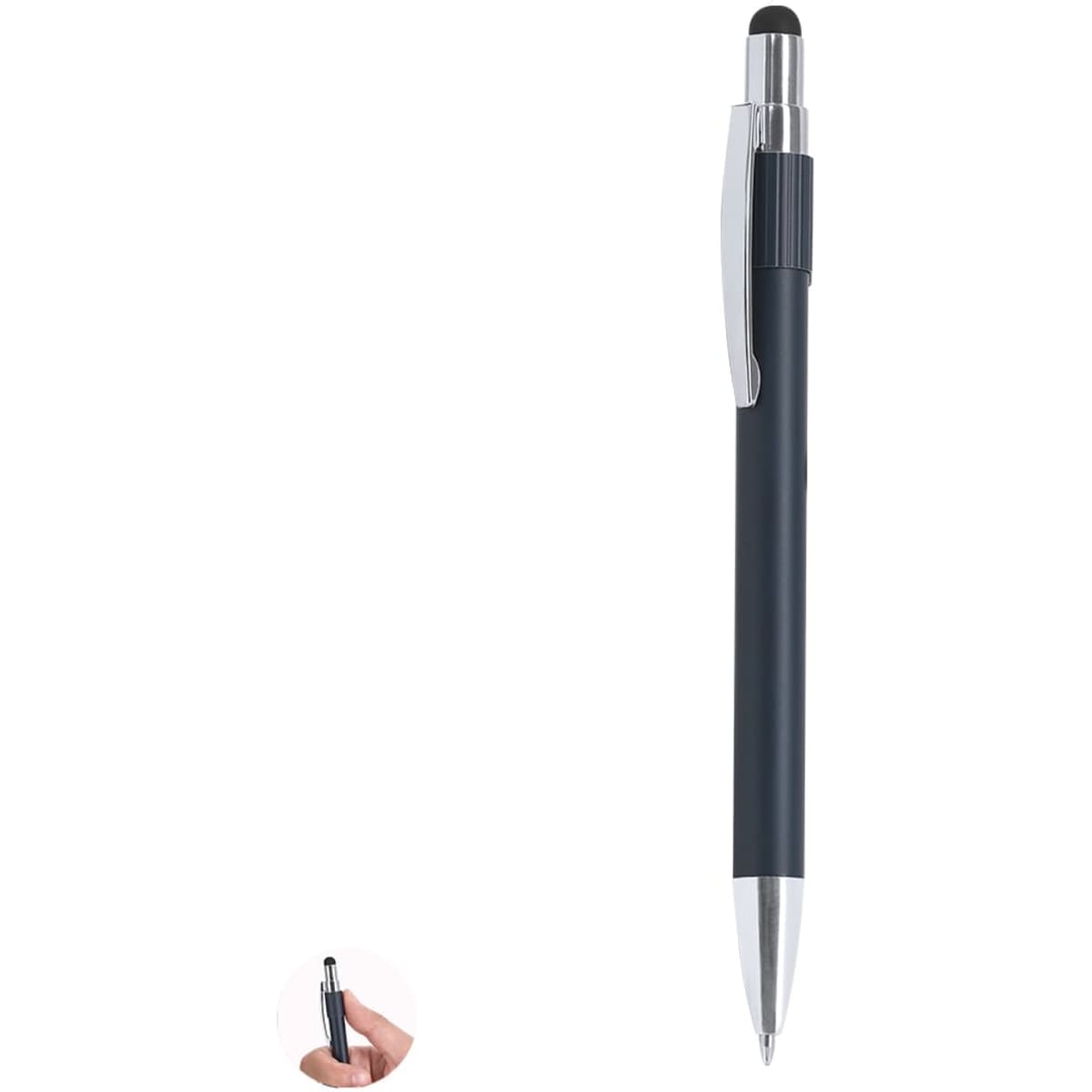 A dark blue ballpoint pen with a silver clip and a stylus tip, featuring a logo.