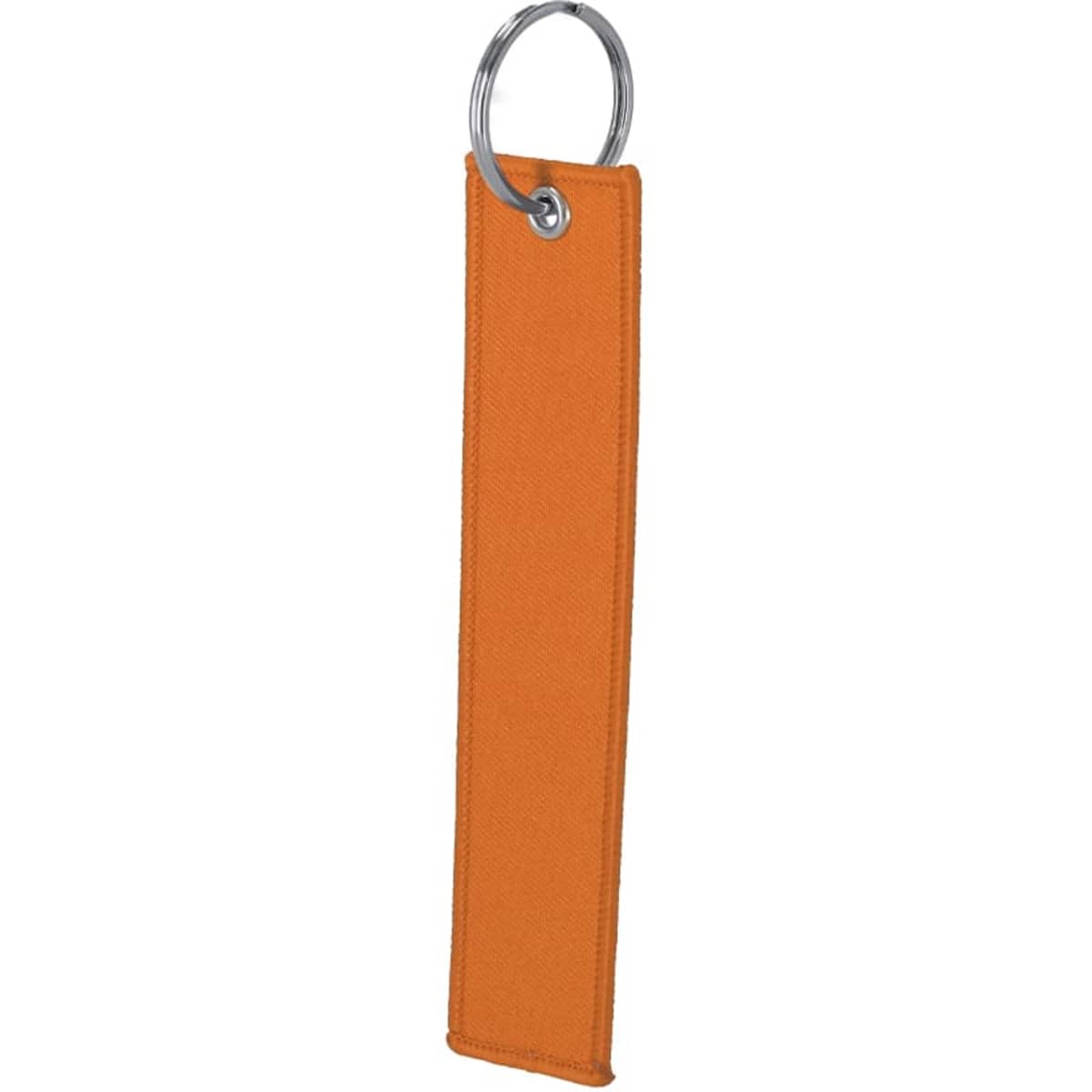 An orange keyring with a metal ring attachment, designed for holding keys.