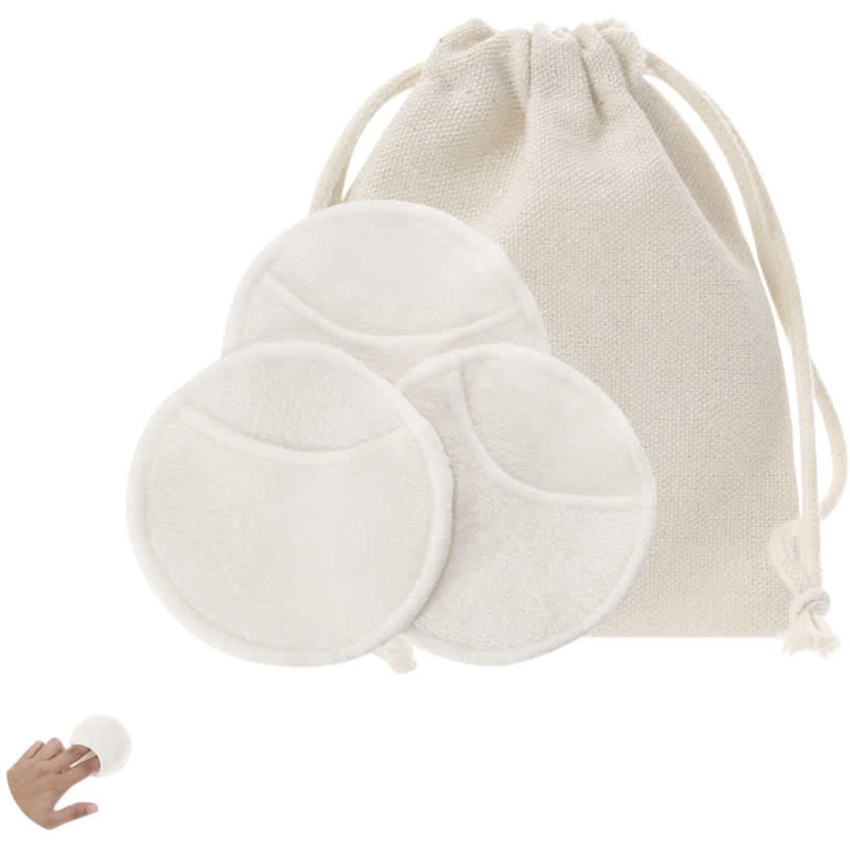 A set of three white reusable cotton pads in a natural drawstring bag.