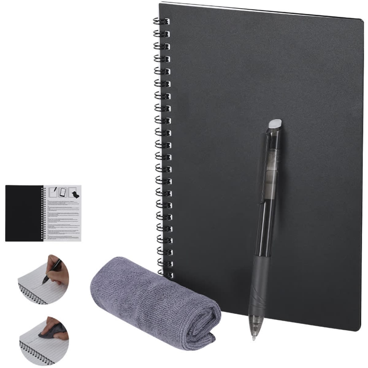 A black spiral-bound notebook with a pen and a grey cleaning cloth beside it. The notebook has a simple design and a logo.